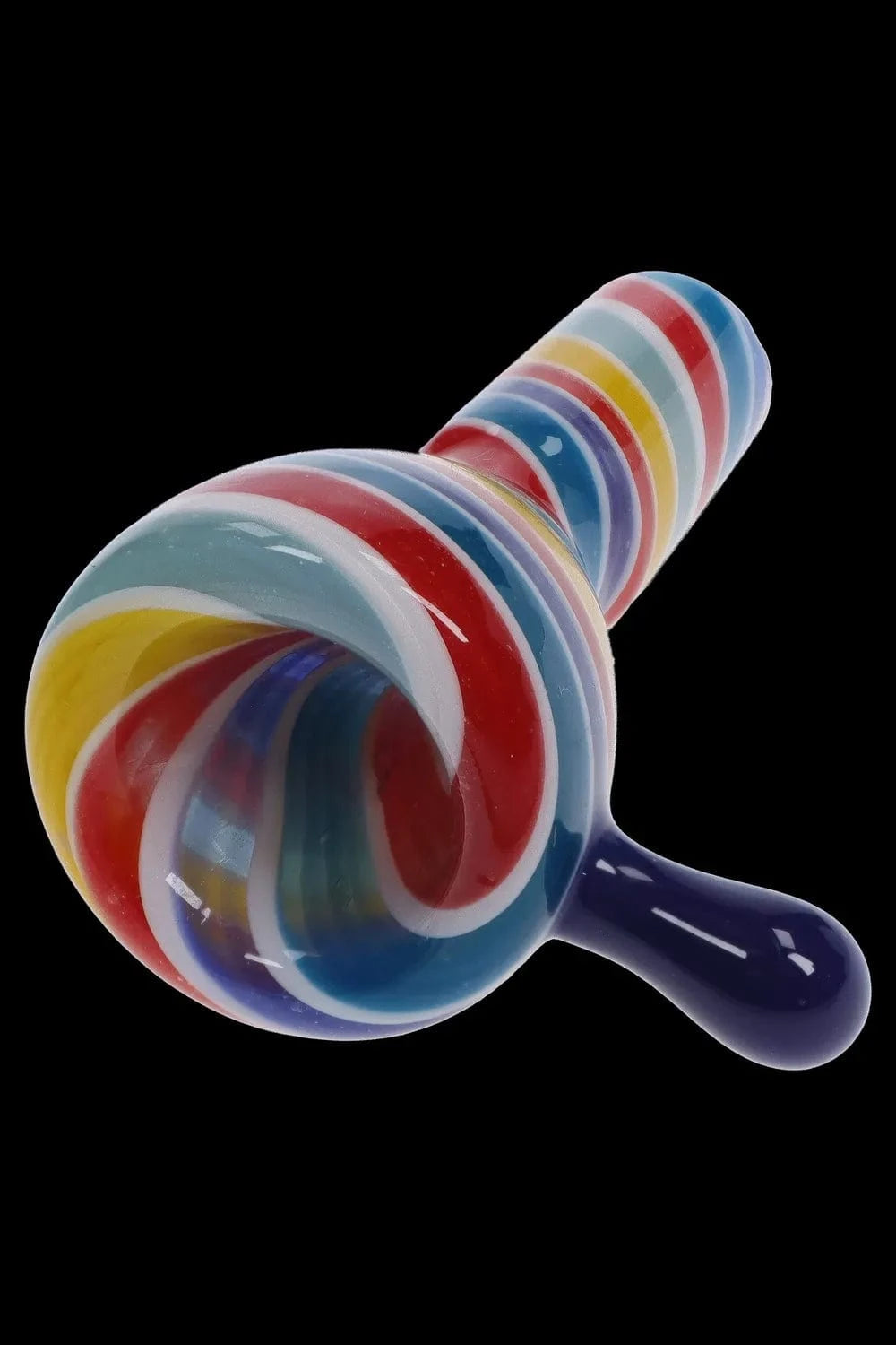 Angled close-up of the Solid Color Bowl with Dabber Horn - Male 14mm showing a glossy, spiraled multicolor glass bowl and attached purple dabber horn against a black background