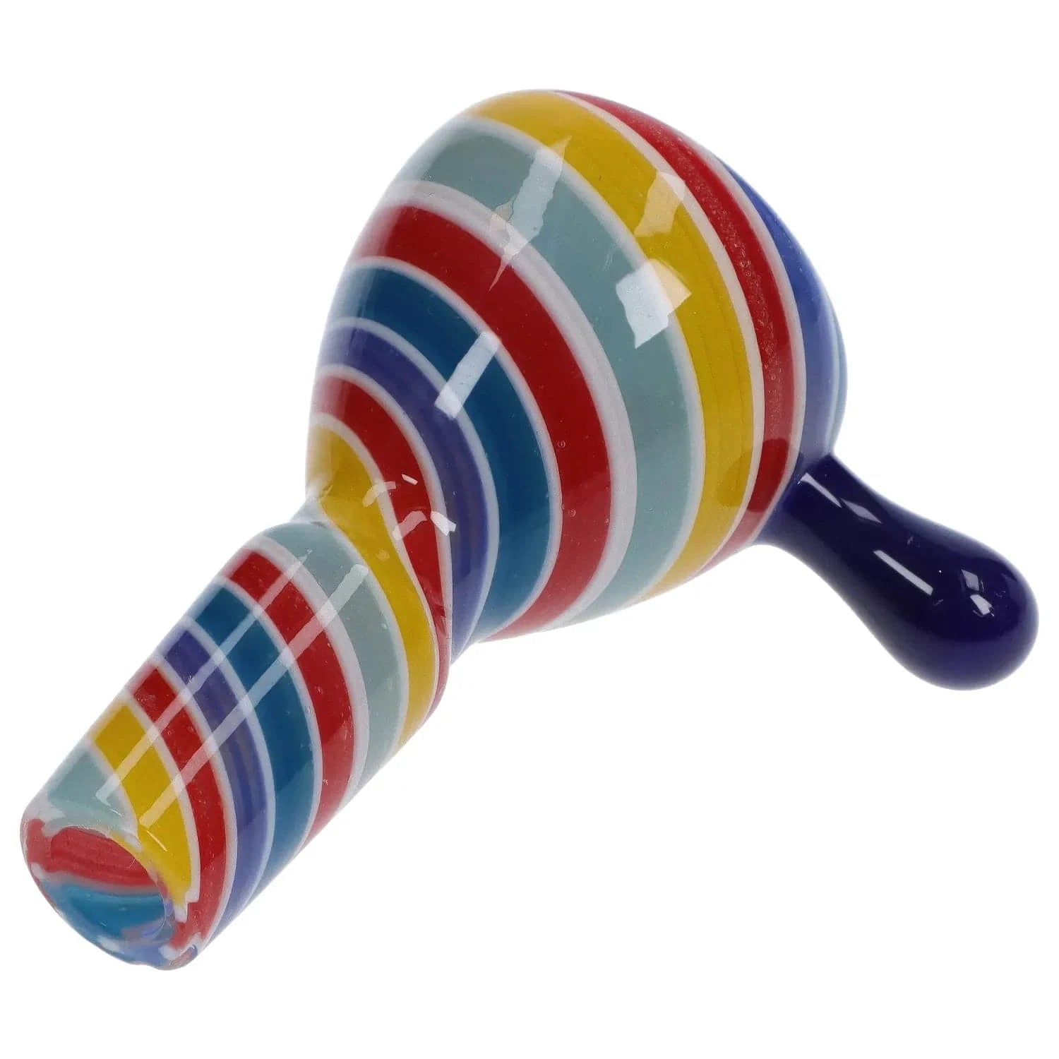 Angled close-up of the Solid Color Bowl with Dabber Horn - Male 14mm showing glossy multicolored concentric stripes and a dark blue dabber horn on a white background