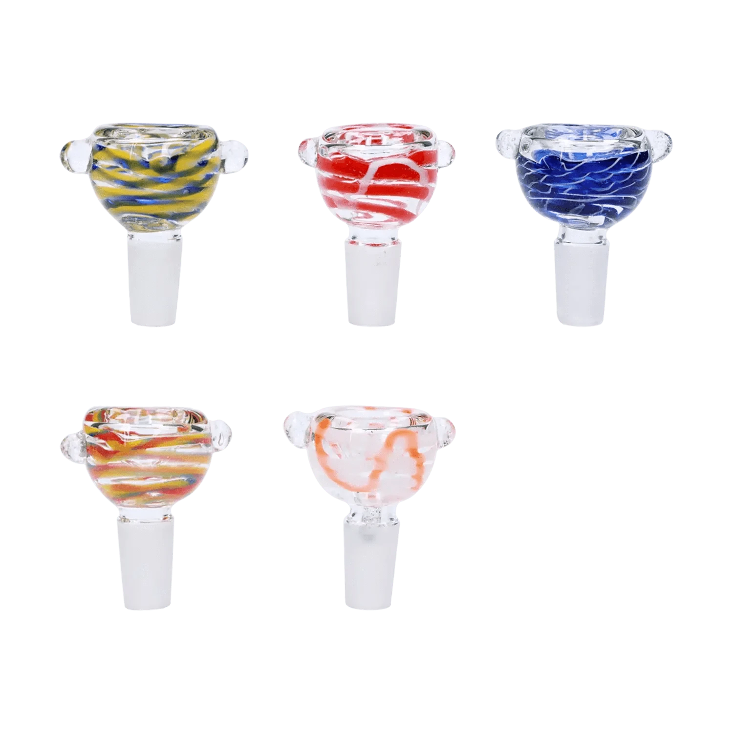Top-down view of five colorful Striped Bowl - Male 14mm glass bowls arranged in a loose grid, each showing distinct spiral stripe patterns.