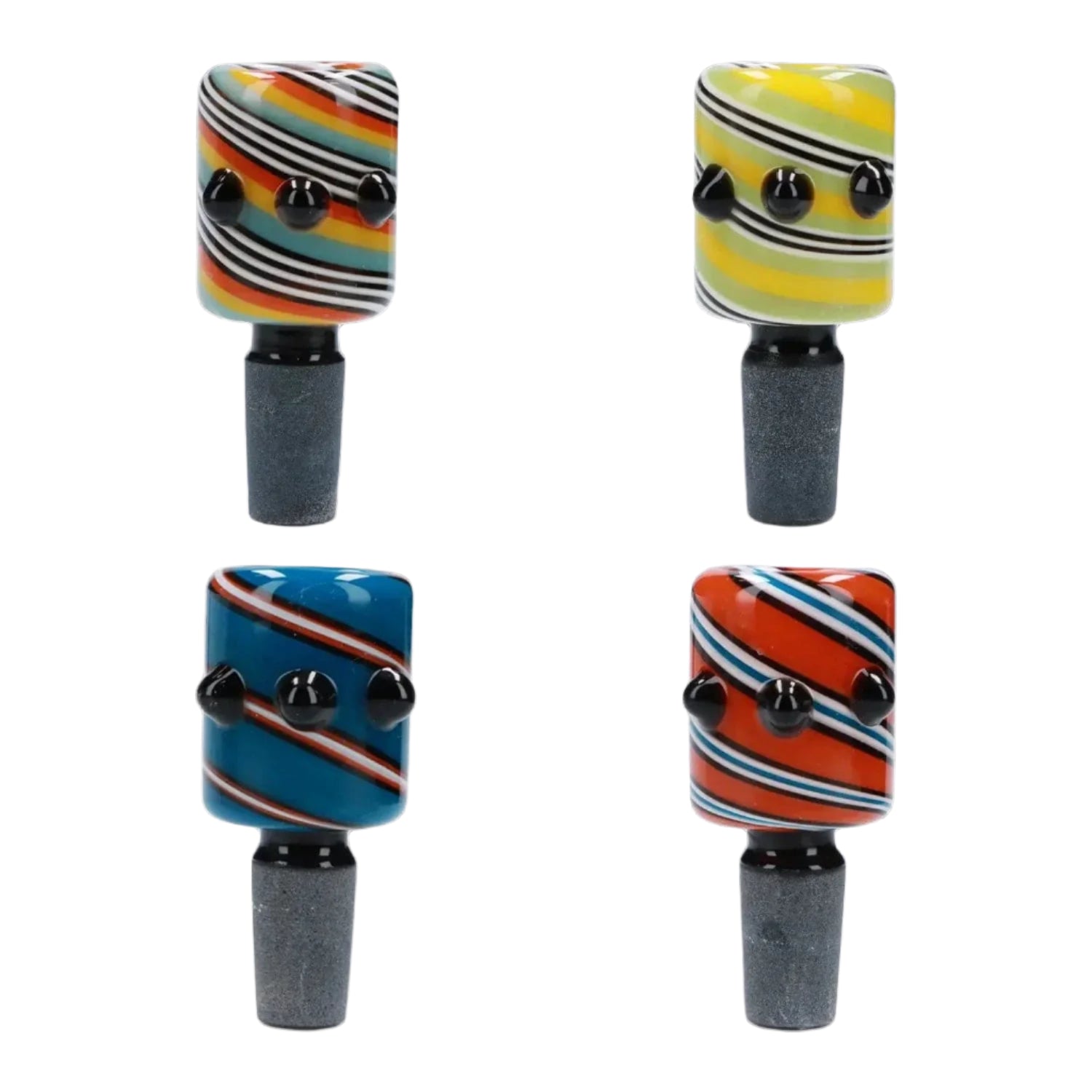 Grid of four close-up Swirl Bowl with Marbles - Male 14mm glass bowls, front views showing colorful diagonal stripes and three black marbles on each against a white background