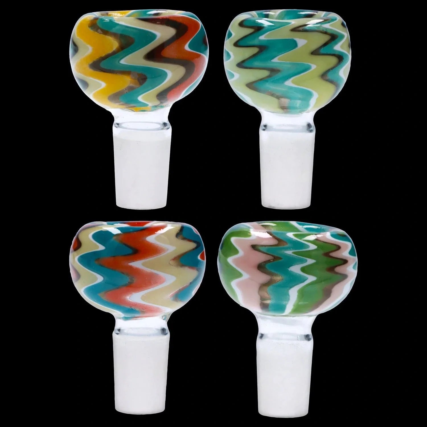 Top-down view of four colorful glass Zig Zag Bowl - Male 14mm pieces with wavy multicolor zigzag patterns against a black background
