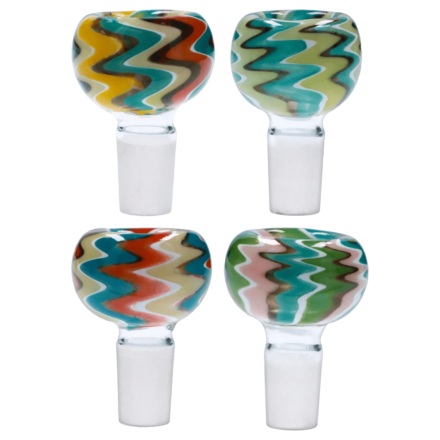 Top-down view of four colorful Zig Zag Bowl - Male 14mm glass bowls showing teal, yellow, red, and green zigzag patterns on rounded heads above clear frosted stems.
