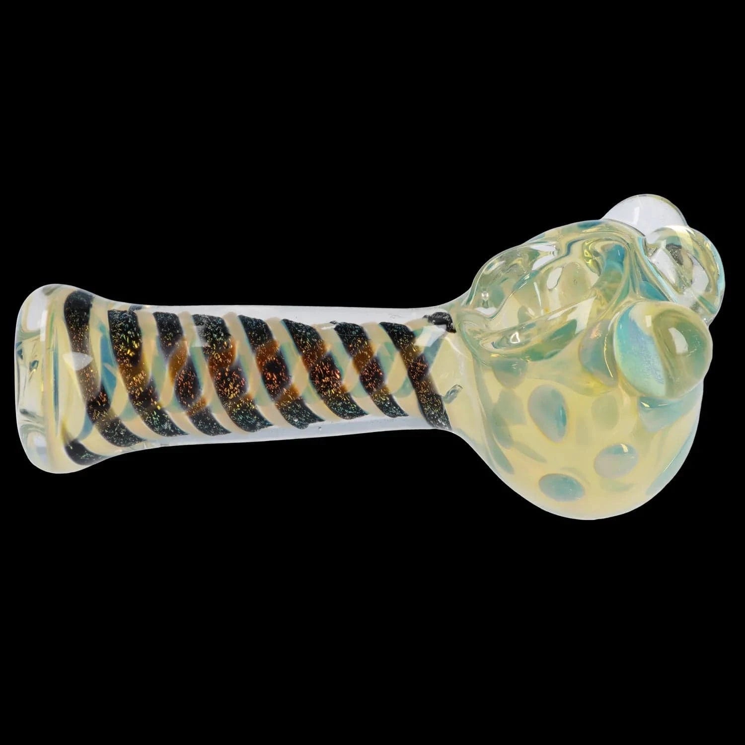 Side view of the Dicro Spoon Pipe - 4.5 in. showing an iridescent glass bowl and spiraled black-and-gold striped stem on black.