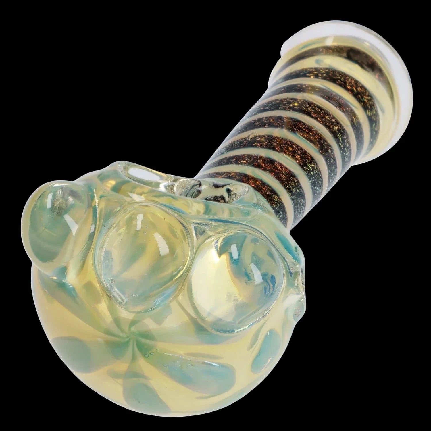 Close-up angled view of the Dicro Spoon Pipe - 4.5 in. showing its iridescent, bubbled bowl and black-and-gold spiral neck against a black background
