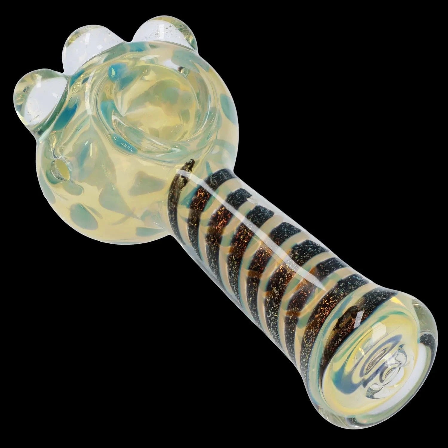 Angled close-up of the Dicro Spoon Pipe - 4.5 in. showing its iridescent glass bowl with teal flecks and a striped, glittery handle on black background