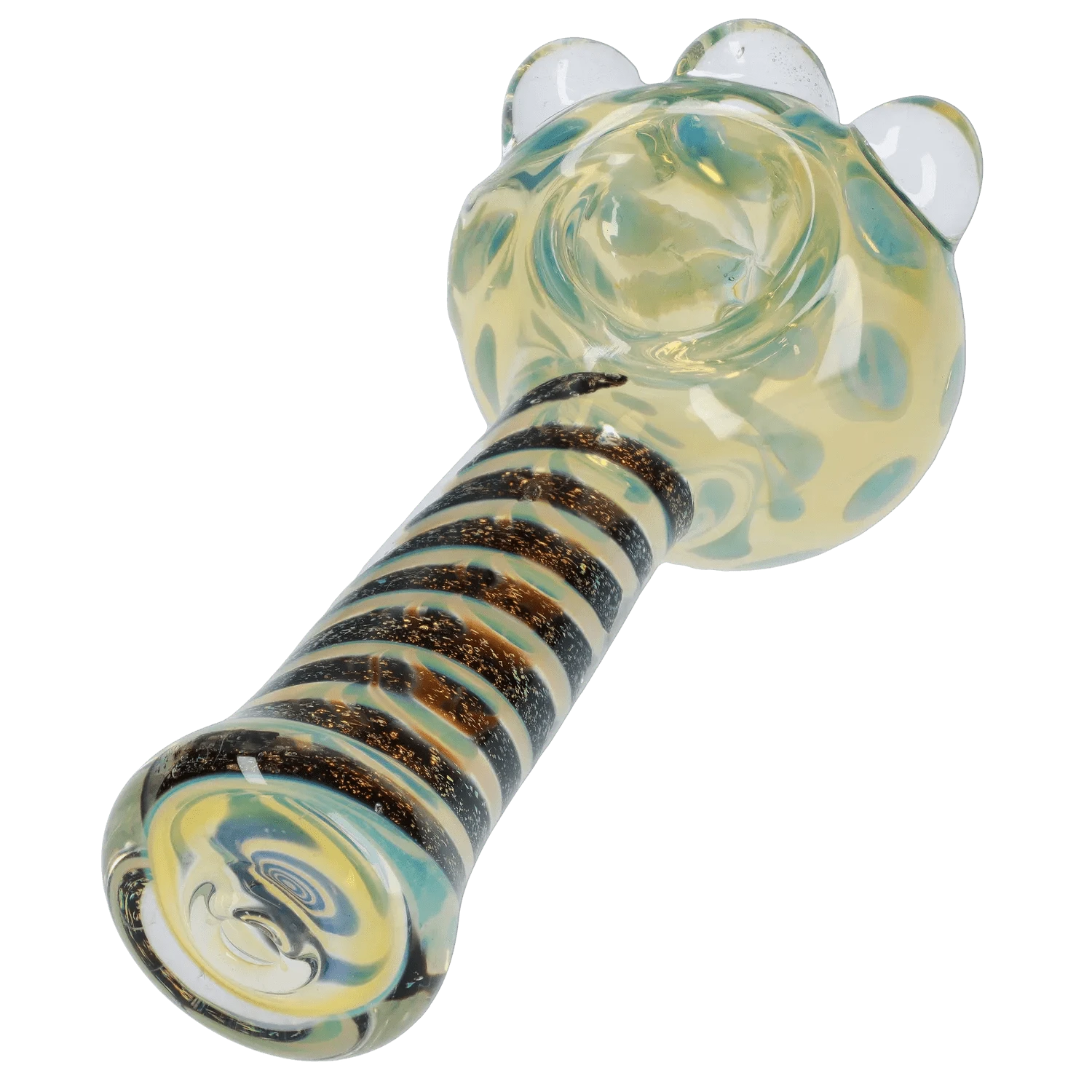 Angled close-up of the Dicro Spoon Pipe - 4.5 in. showing its swirled blue and yellow bowl and black-striped handle.