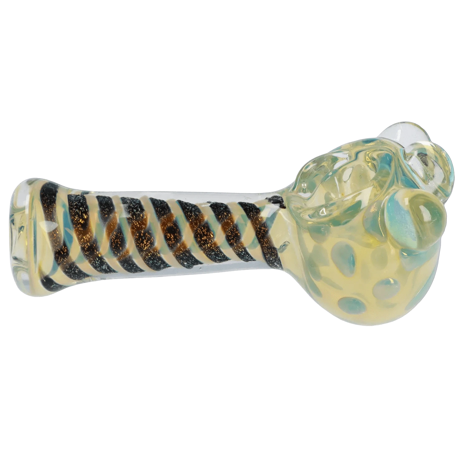 Side view of the Dicro Spoon Pipe - 4.5 in. showing a clear glass body with black spiral accents and a yellow-green dotted bowl.