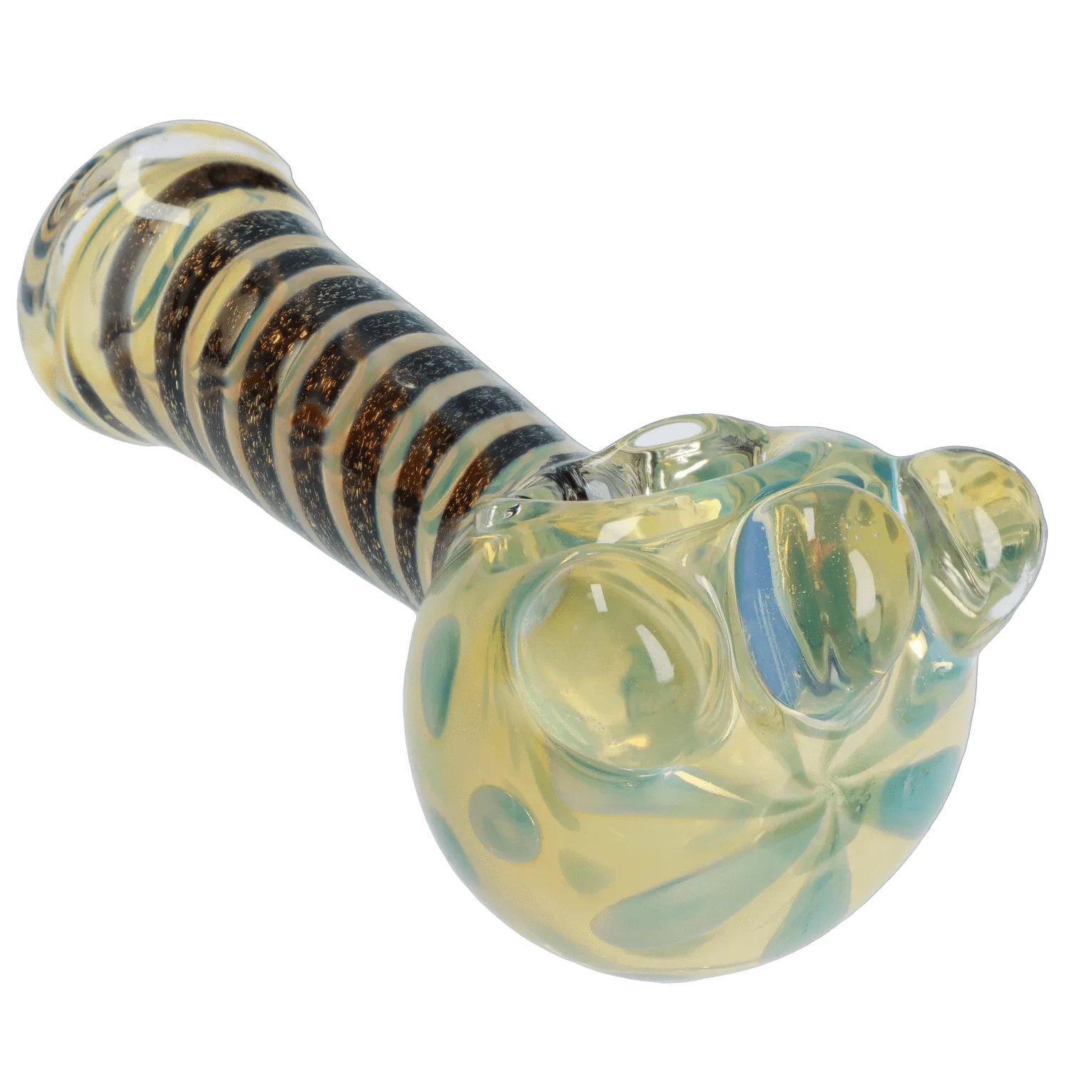 Angled close-up of the Dicro Spoon Pipe - 4.5 in. showing its striped glass stem and rounded, bubbled bowl with pale yellow and blue hues