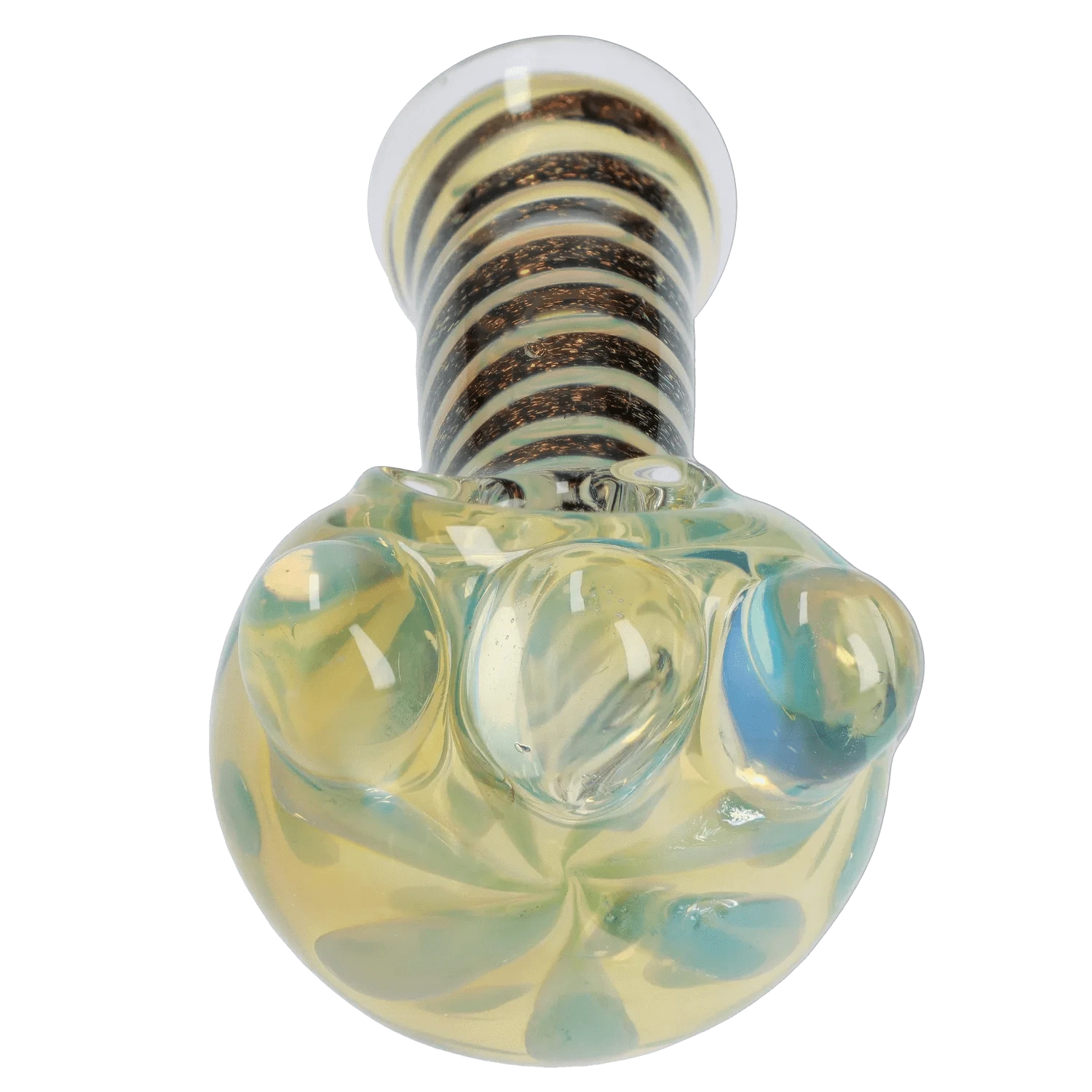 Top-down close-up of the iridescent Dicro Spoon Pipe - 4.5 in. showing a ribbed mouthpiece and bubbled glass bowl.