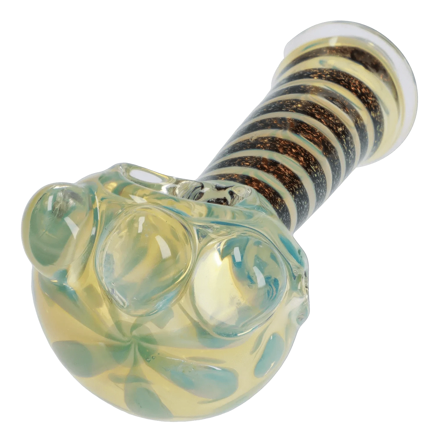 Close-up angled view of the Dicro Spoon Pipe - 4.5 in. showing its iridescent bubbled bowl and a spiraled black-and-gold striped stem.
