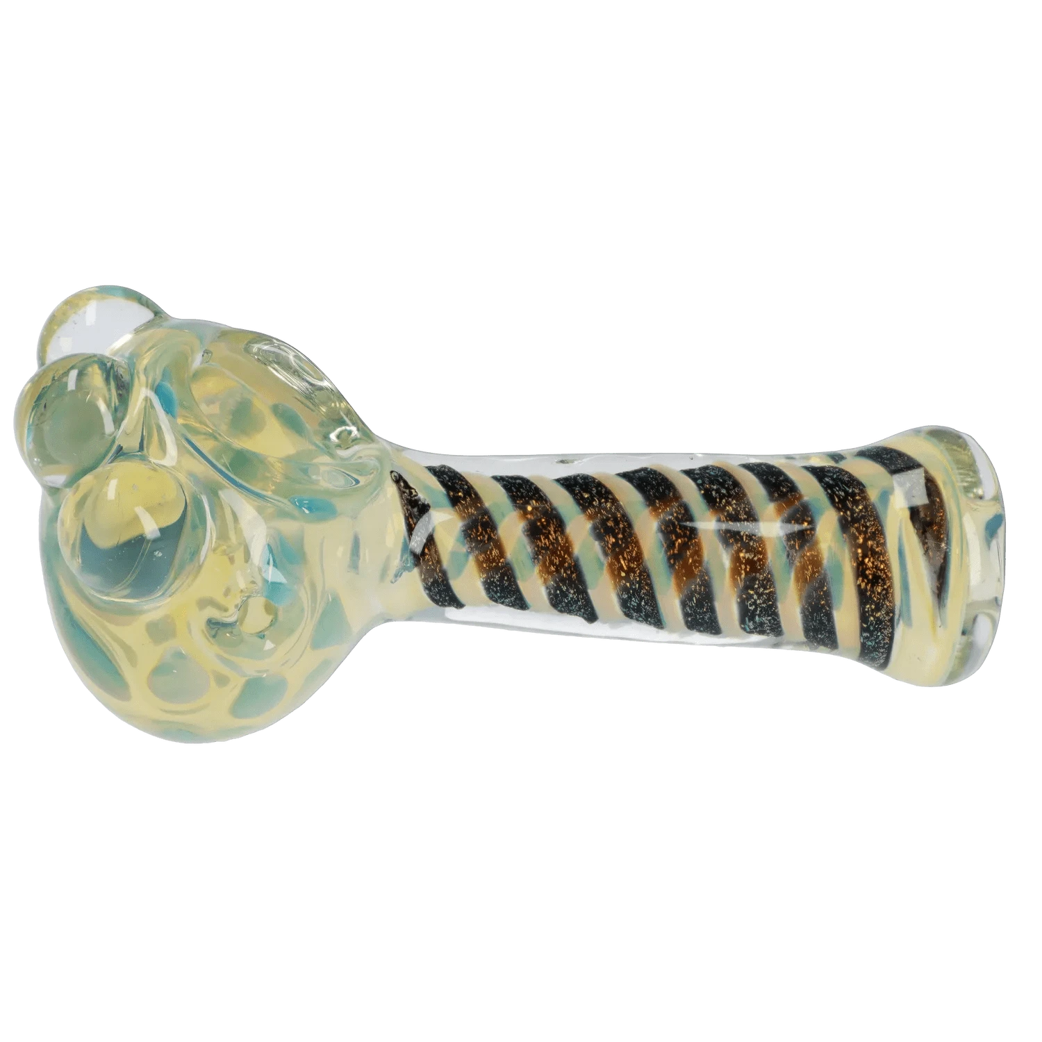 Side view of the Dicro Spoon Pipe - 4.5 in. showing its clear glass body with yellow-green dicroic sheen and a black-and-gold spiral along the handle