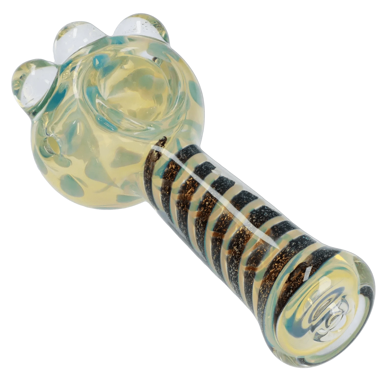 Angled close-up of the Dicro Spoon Pipe - 4.5 in. showing a bulbous, pale yellow glass bowl with teal spots and a striped, glittery spiral stem