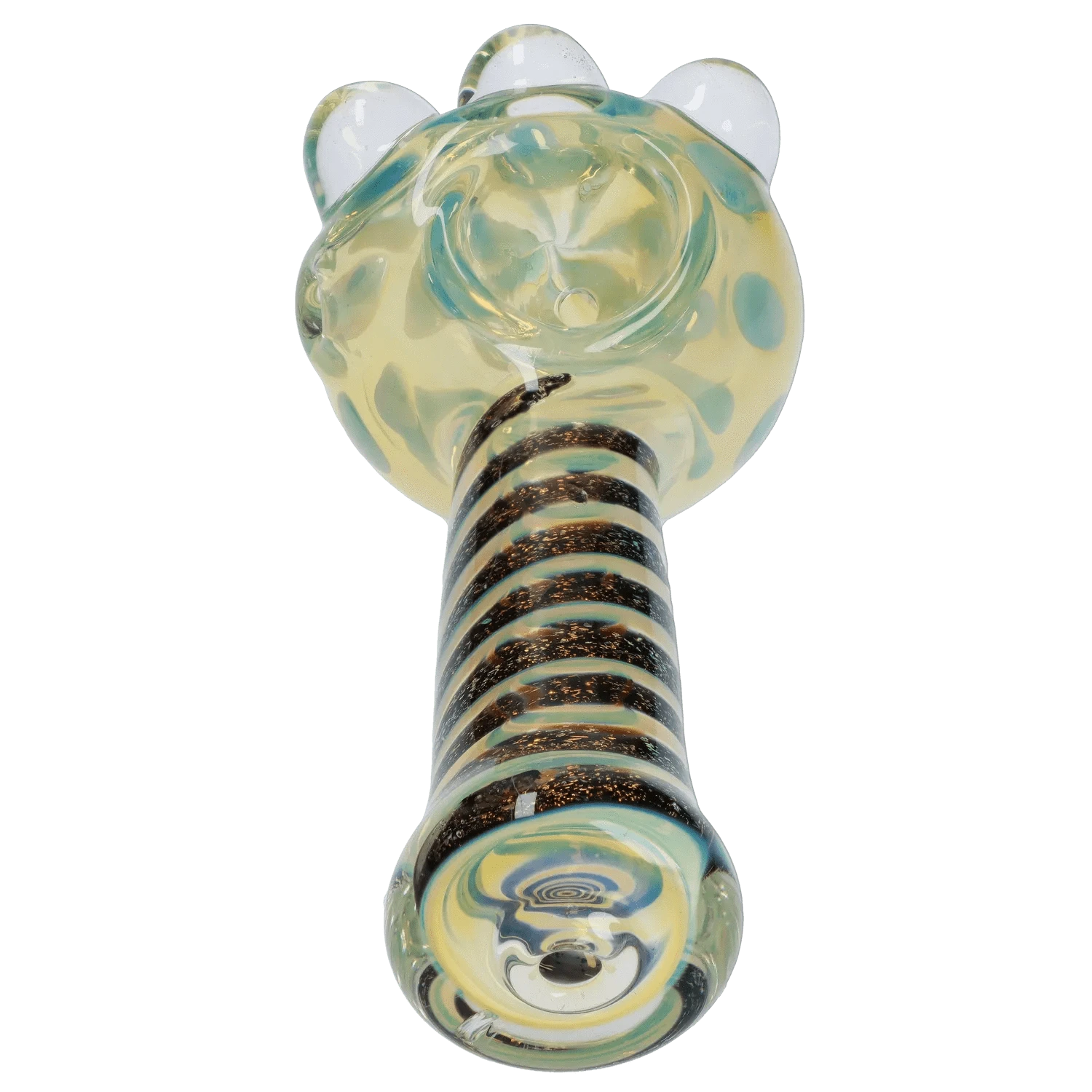 Top-down close-up of the Dicro Spoon Pipe - 4.5 in. showing its rounded bowl with pale yellow and teal swirls and a spiraled striped stem.