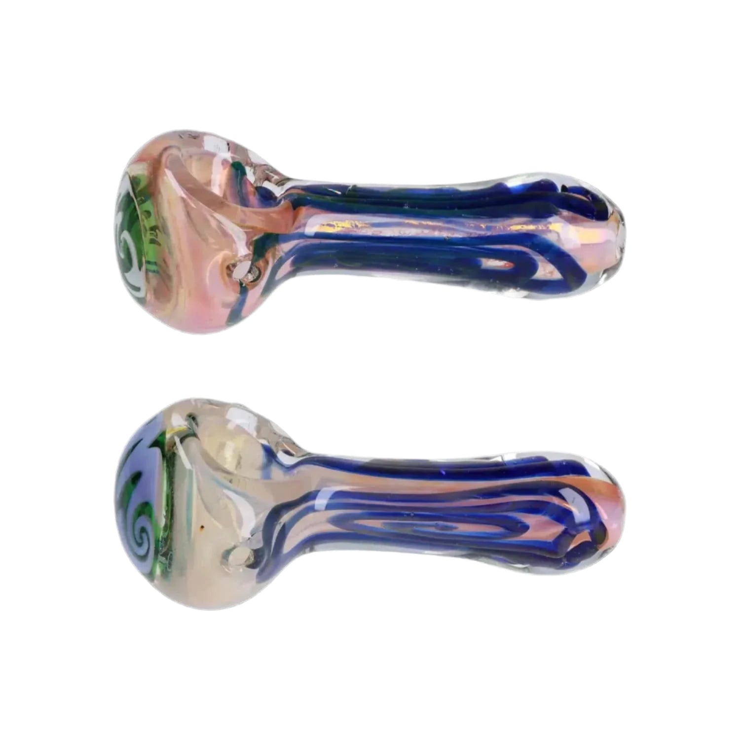 Top-down view of the 4 in. Frit Blood Color Art Pipe showing two iridescent glass spoons with blue ribbon swirls and green spiral accents on a white background