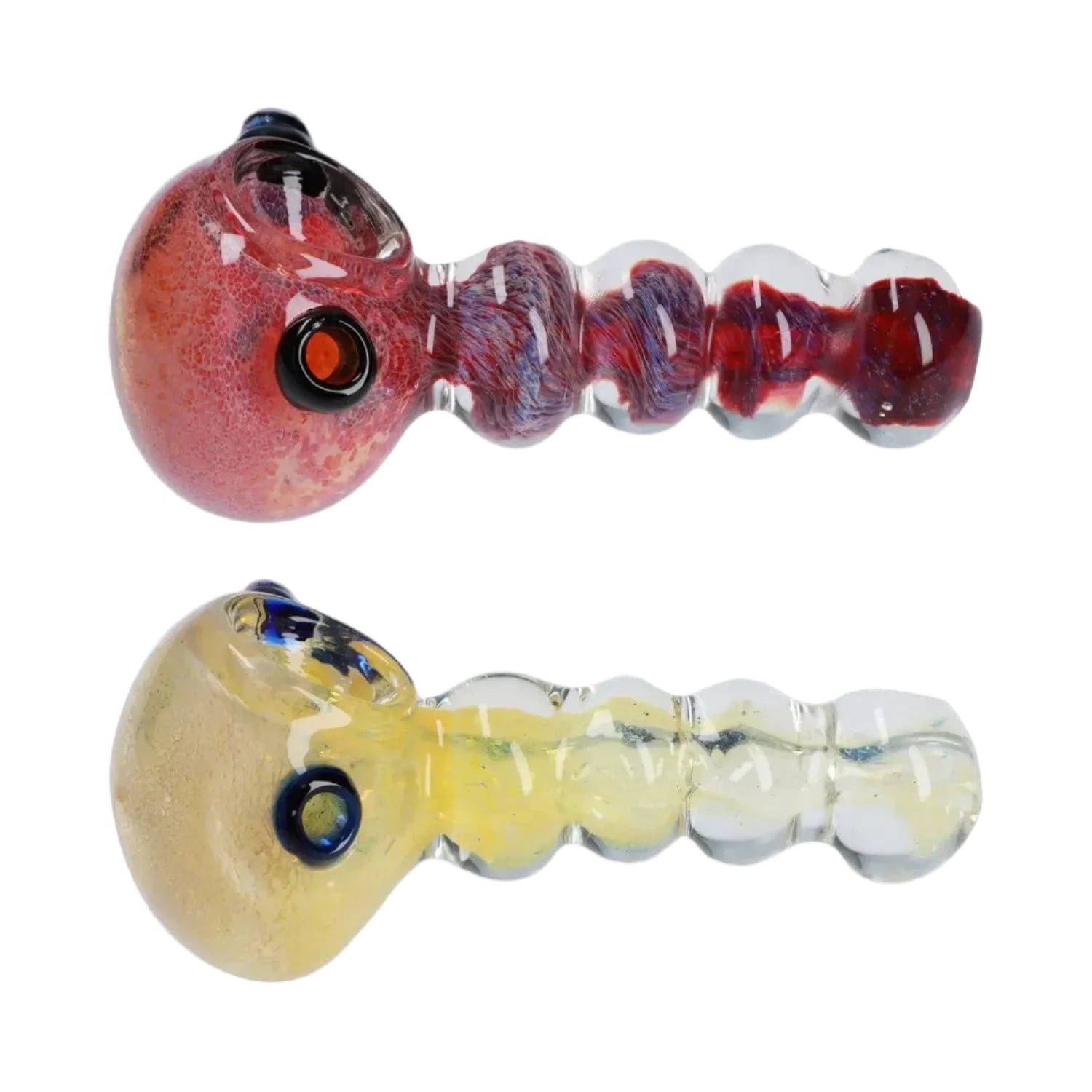 Top-down view of two Frit Head with Marbles Spoon Pipe - 5 in. glass handpipes, one red with textured frit and one pale yellow, shown on a white background.
