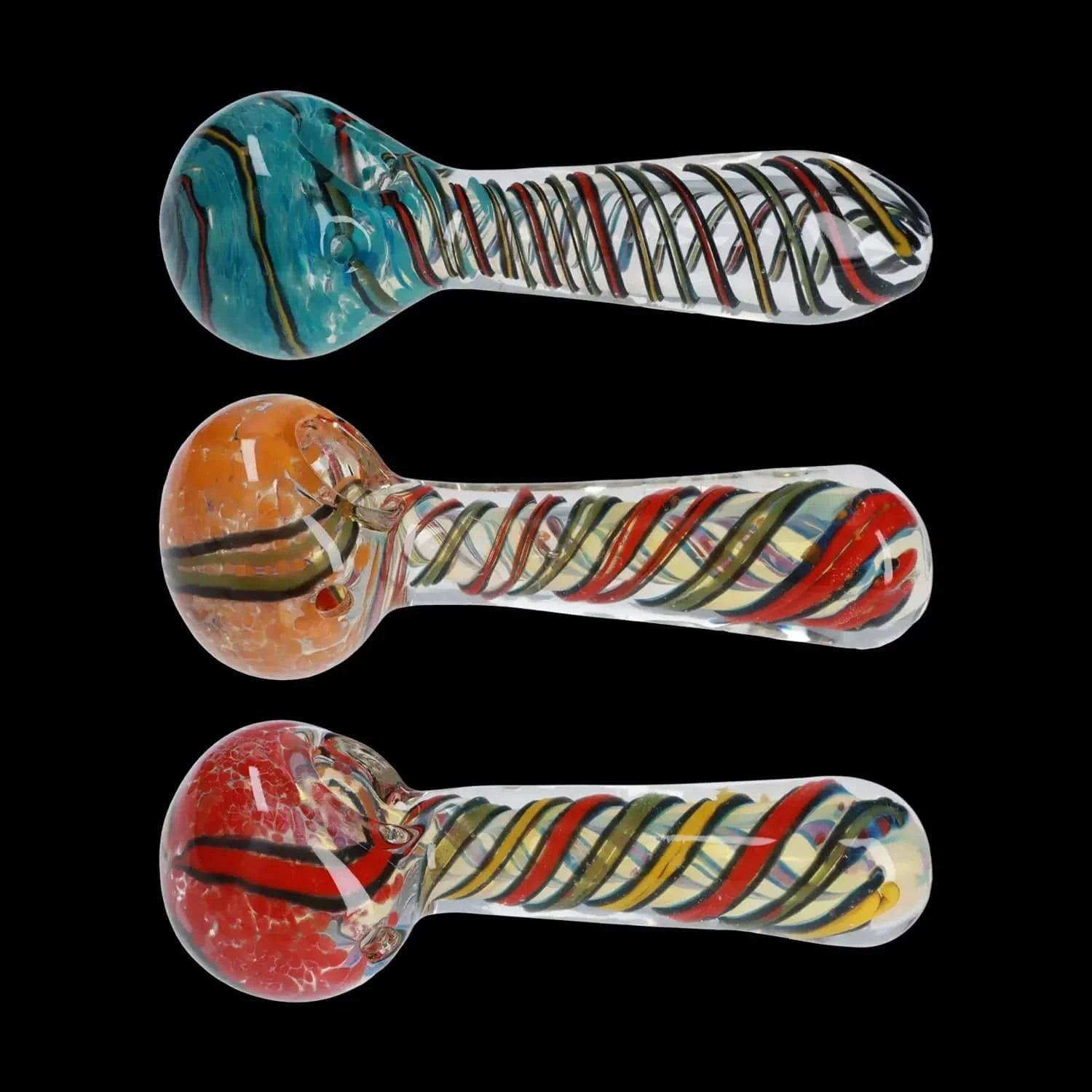 Three stacked, side-profile views of the Frit Spoon Pipe - 4.5 in. showing colorful swirled glass bowls and spiral-striped clear stems against a black background