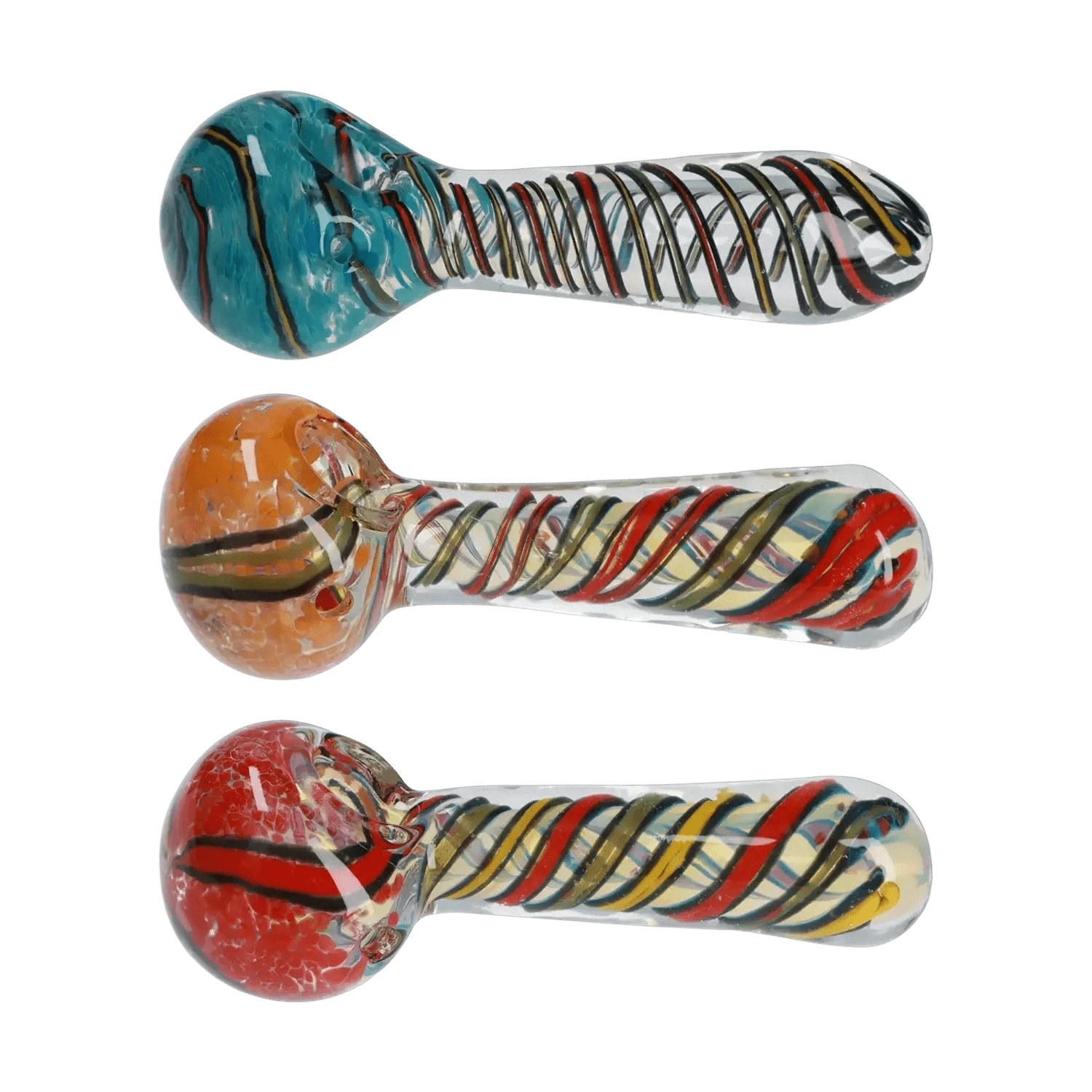 Three stacked, side-profile views of the Frit Spoon Pipe - 4.5 in. showing clear glass bodies with colorful spiral cane patterns and red, orange, and teal bulbous bowls.