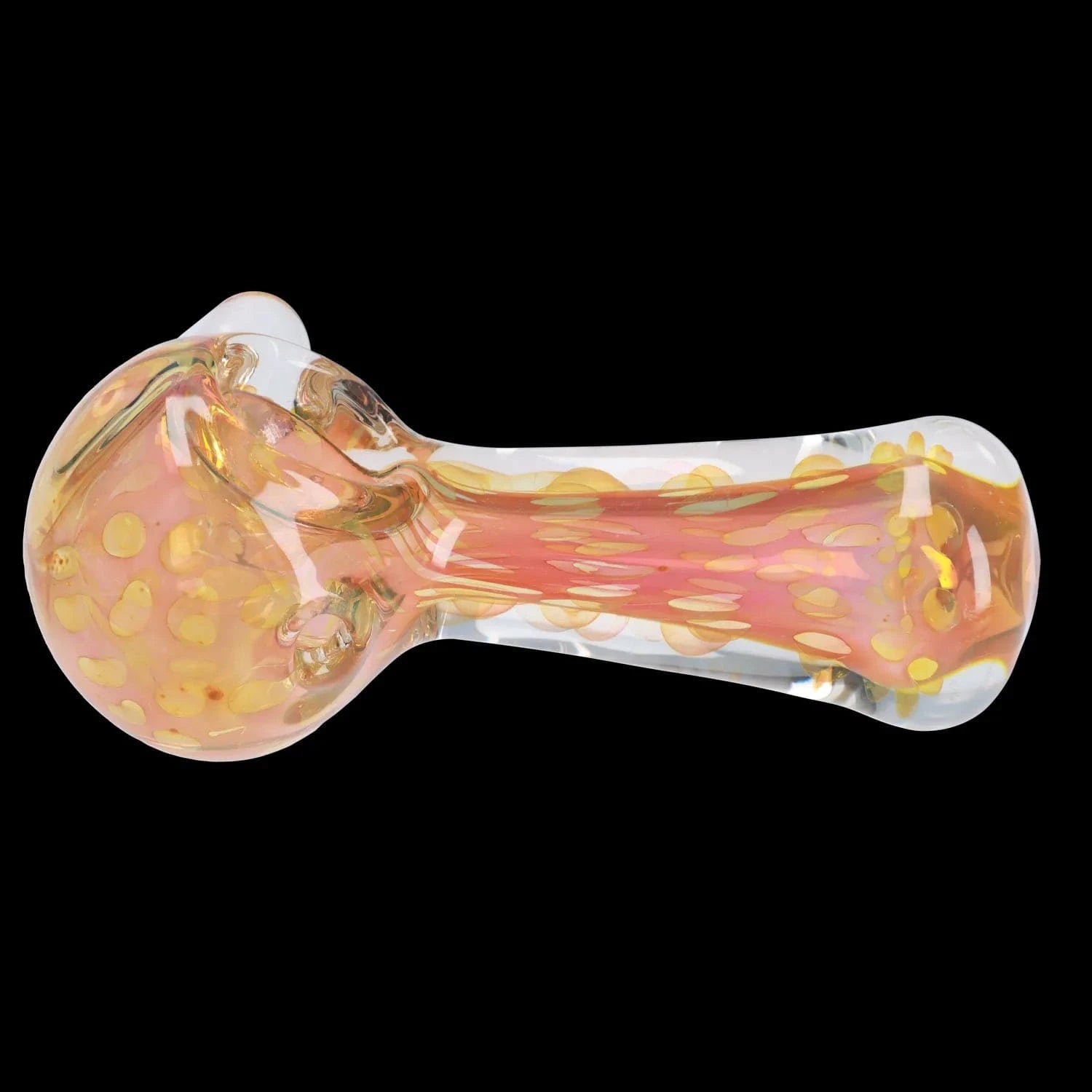 Angled top-down view of the Frit Twisty Spoon Pipe - 4.5 in., showing its clear glass body with pink-orange inner twist and yellow dotted frit against a black background