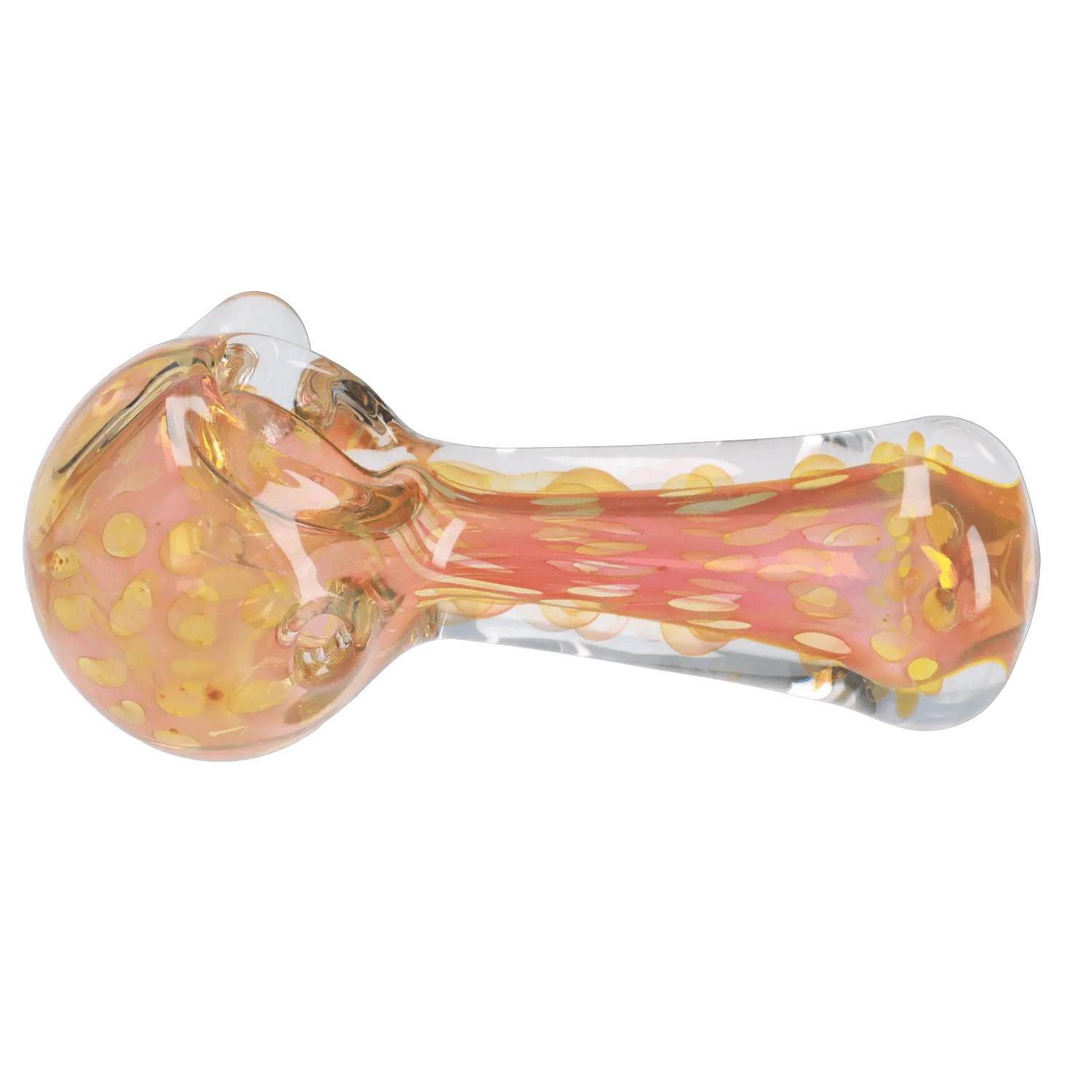Top-down view of the Frit Twisty Spoon Pipe - 4.5 in. showing a clear glass spoon with pink-orange twist pattern and golden dot accents.