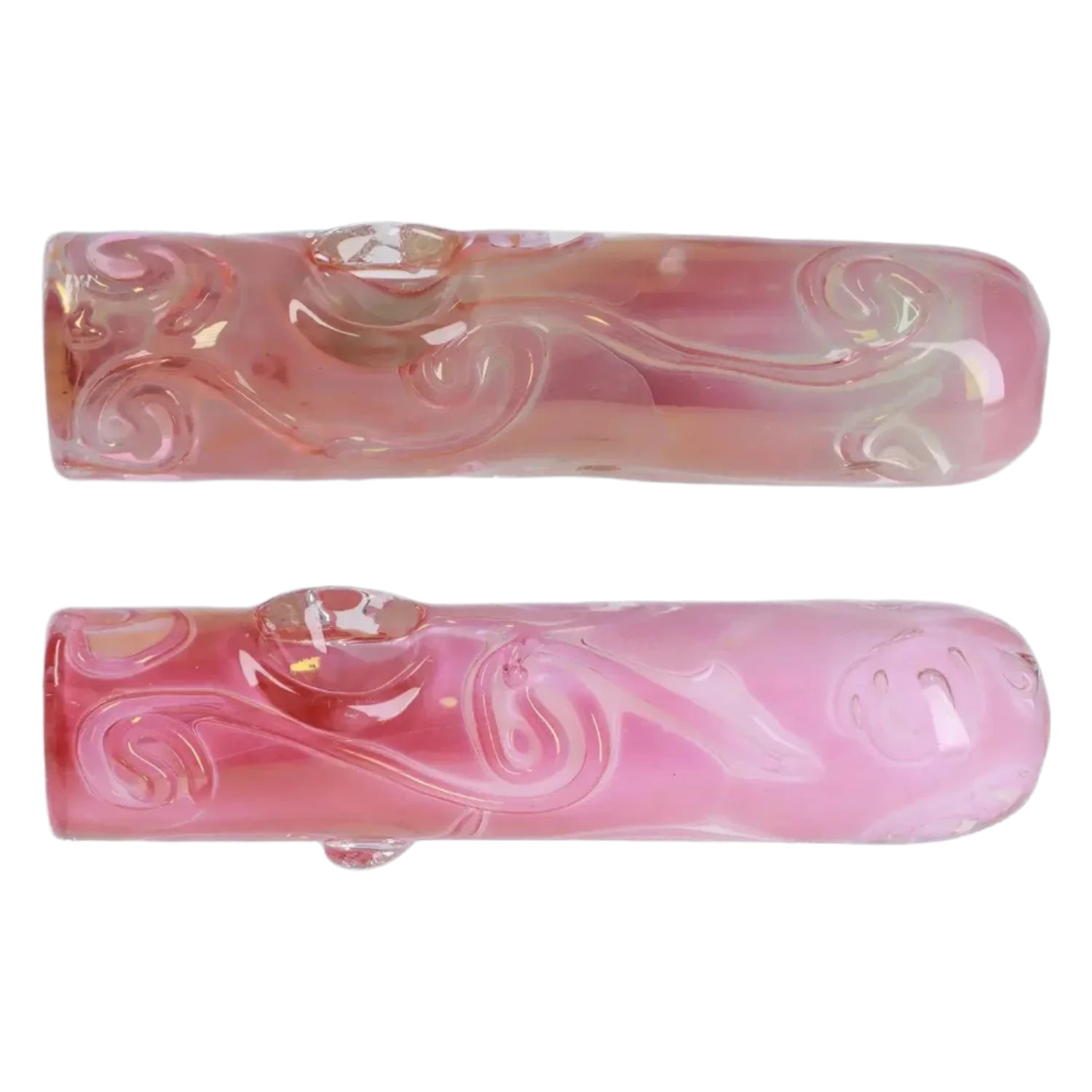 Top-down view of two pink glass Slime Donut with Flat Head Spoon Pipe - 5 in. pieces showing swirled raised patterns and glossy reflections.