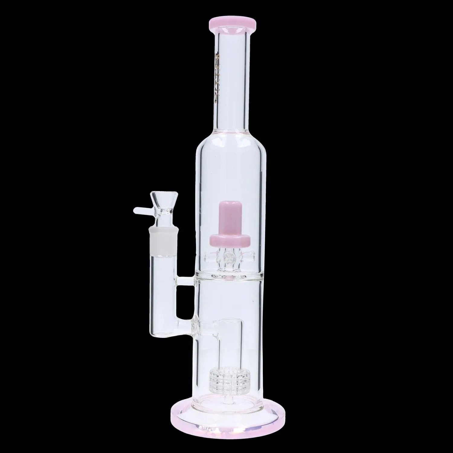 Close-up front view of the DHC Dual Perc with Color Accents Bong - 15 in., showing clear glass chambers with pink rim and percolator accents against a black background