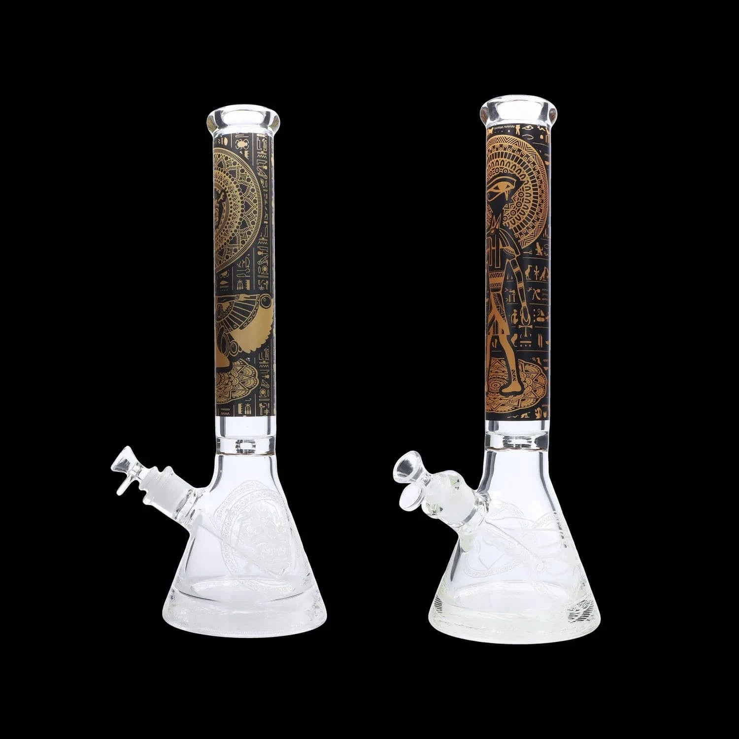 Front-facing close-up of two Lotus Heavy Mix Bong - 18 in. necks with gold Egyptian-style motifs on black glass against a black background