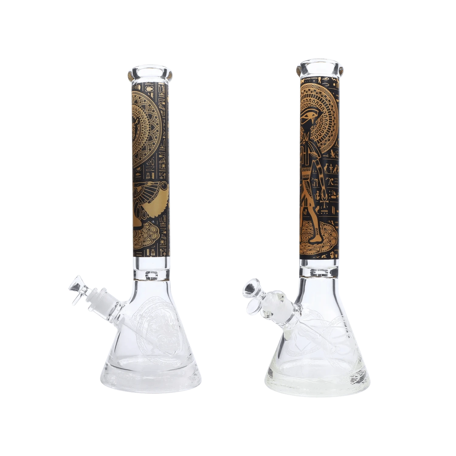 Two front-facing Lotus Heavy Mix Bong - 18 in. glass beakers shown side-by-side with black and gold Egyptian-style neck art.