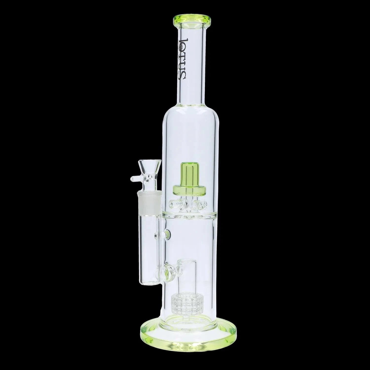 Tall, centered studio shot of the DHC Dual Perc with Color Accents Bong - 15 in., clear glass with lime green accents against black.