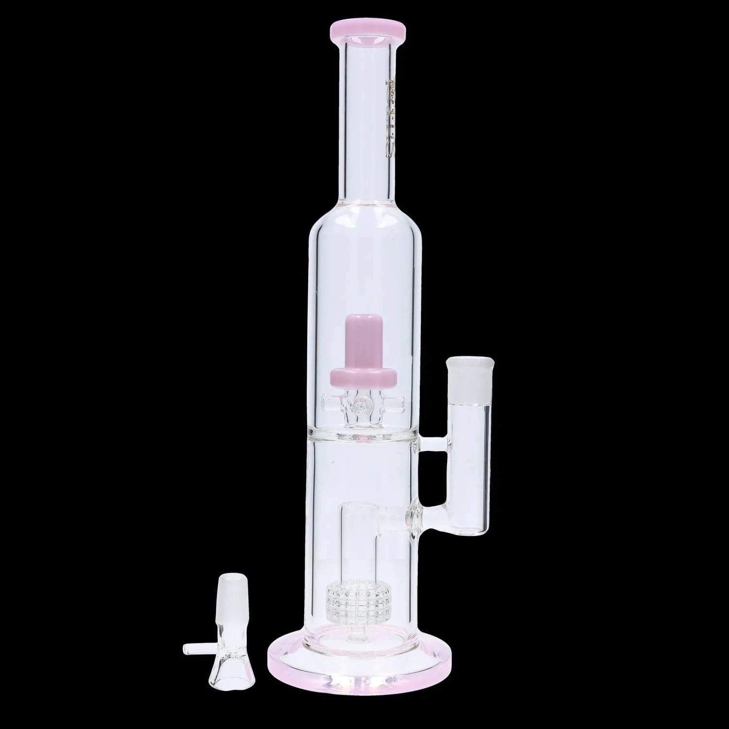 Vertical studio shot of the DHC Dual Perc with Color Accents Bong - 15 in. showing clear glass chambers and pink accents against a black background