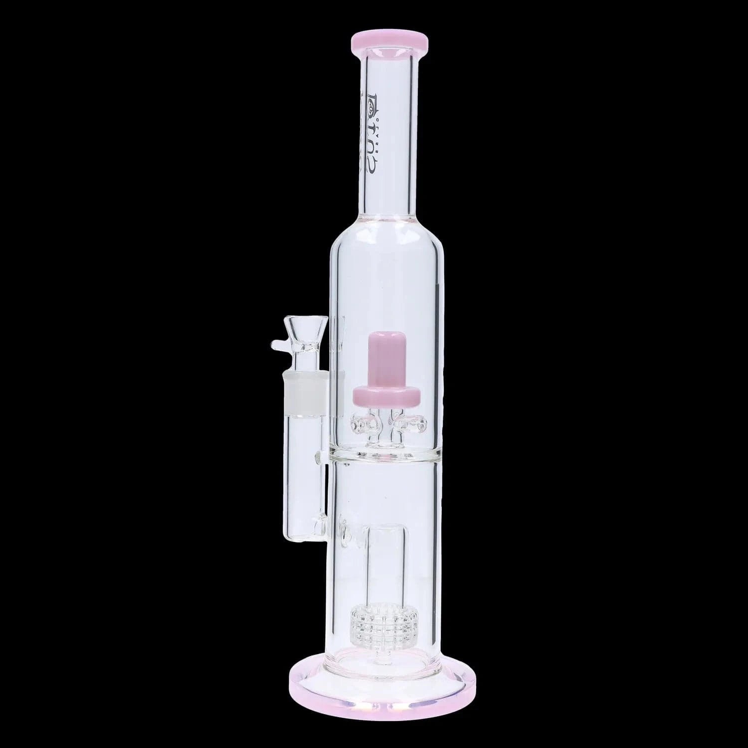 Close-up, front view of the DHC Dual Perc with Color Accents Bong - 15 in. showing clear glass, pink rim and percolator accents against a black background