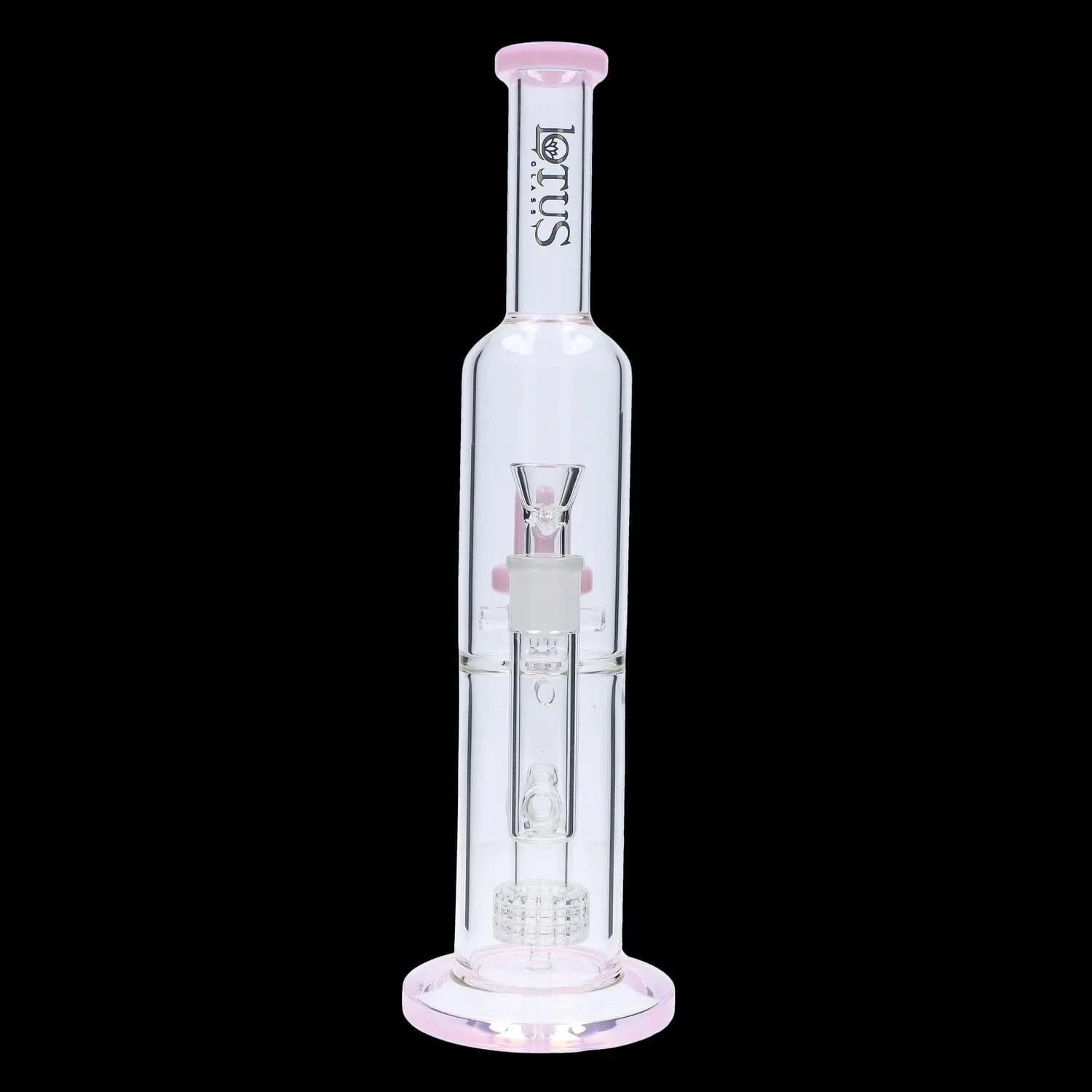 Centered frontal view of the DHC Dual Perc with Color Accents Bong - 15 in., showing clear glass with pink accents and interior percolators against a black background