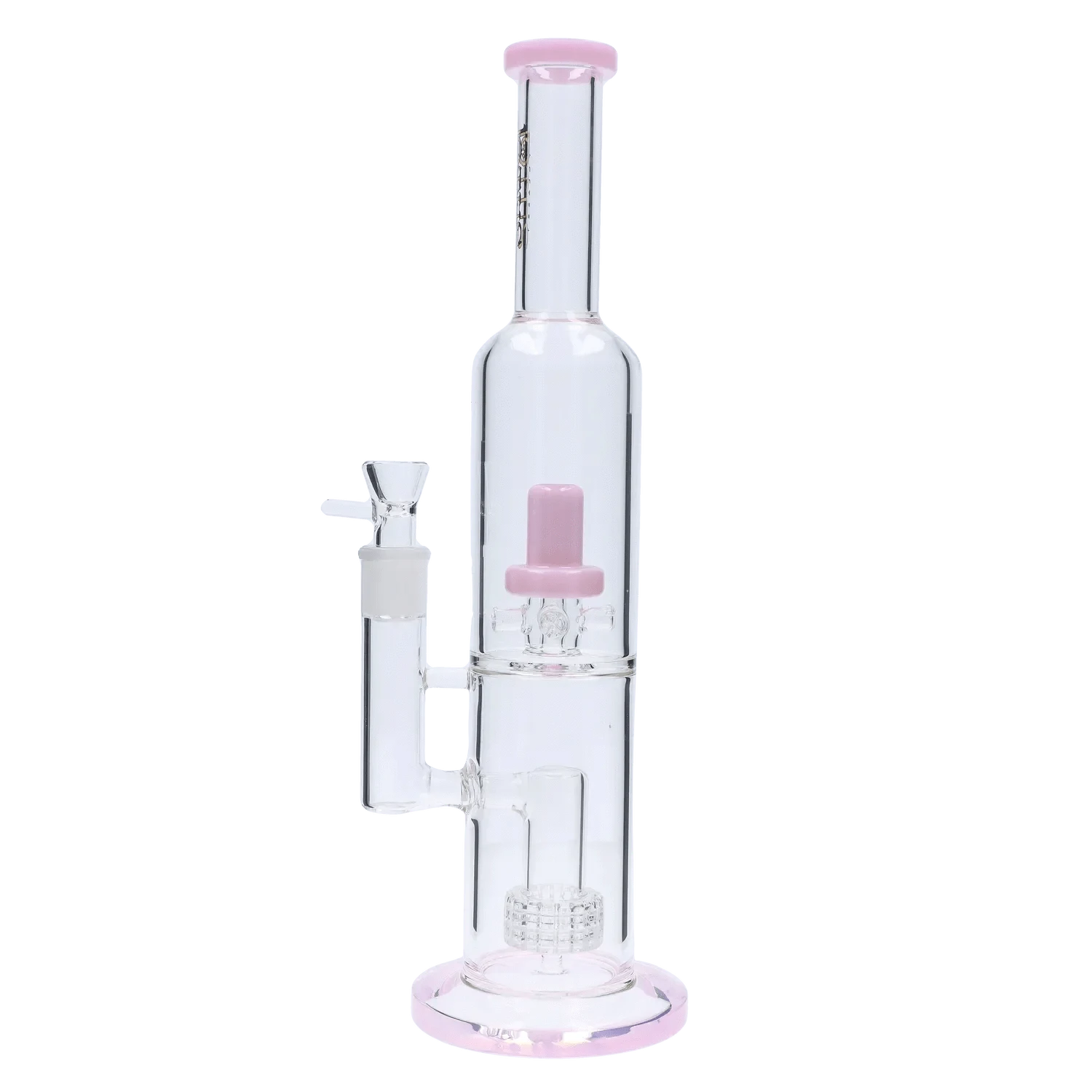Tall front view of the DHC Dual Perc with Color Accents Bong - 15 in., showing clear glass tubing with pink rim, pink central percolator, and attached downstem.