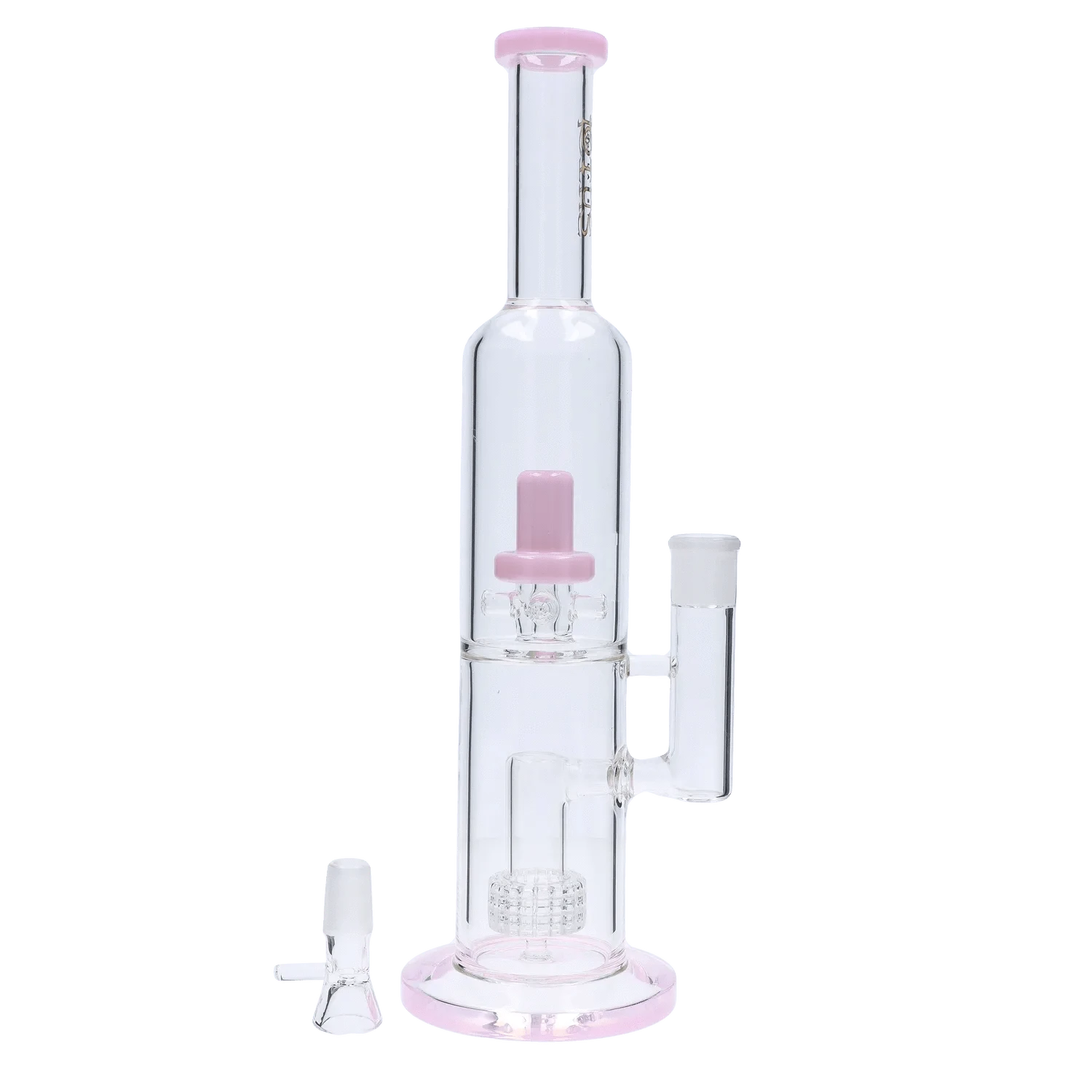 Straight-on view of the DHC Dual Perc with Color Accents Bong - 15 in., showing clear glass chambers with pink rim and internal pink perc against a white background