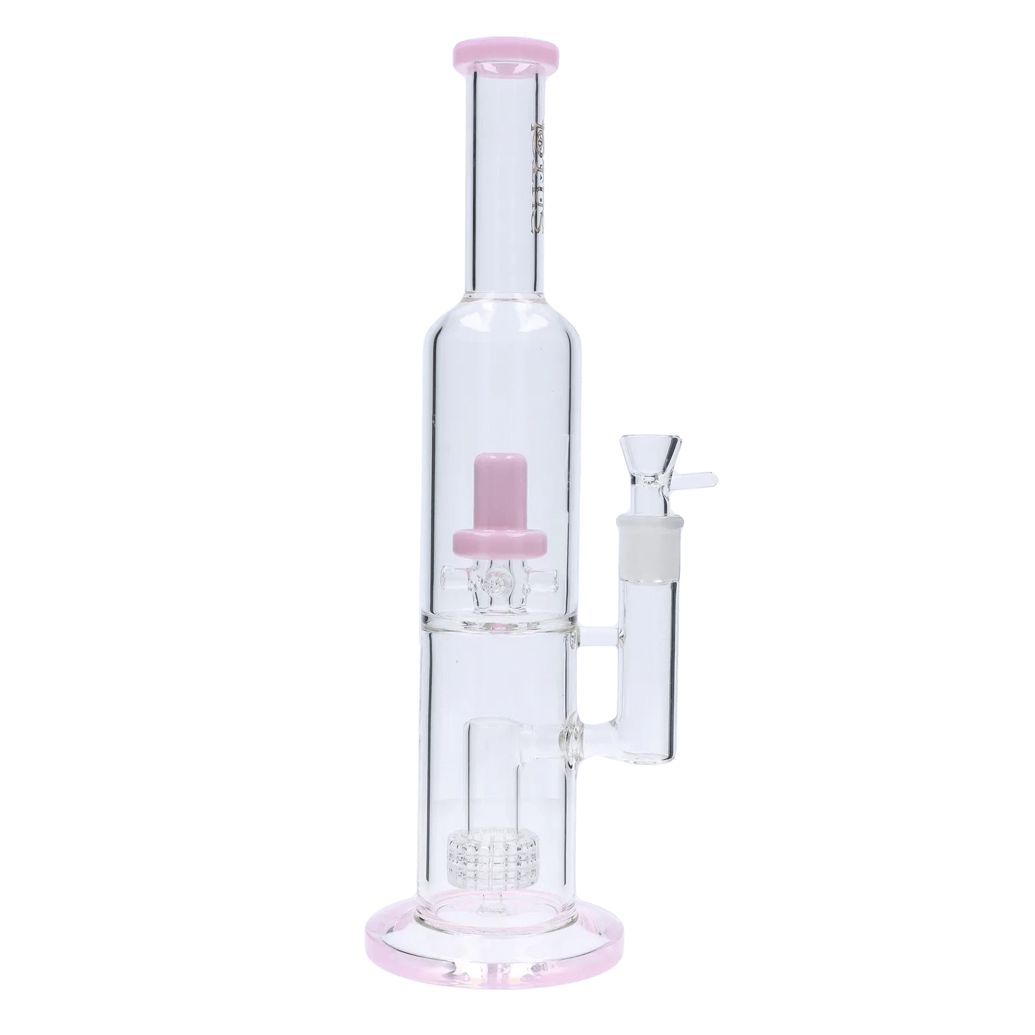 Straight-on view of the DHC Dual Perc with Color Accents Bong - 15 in., showing its clear glass body with pink rim and internal pink dual percolator elements.