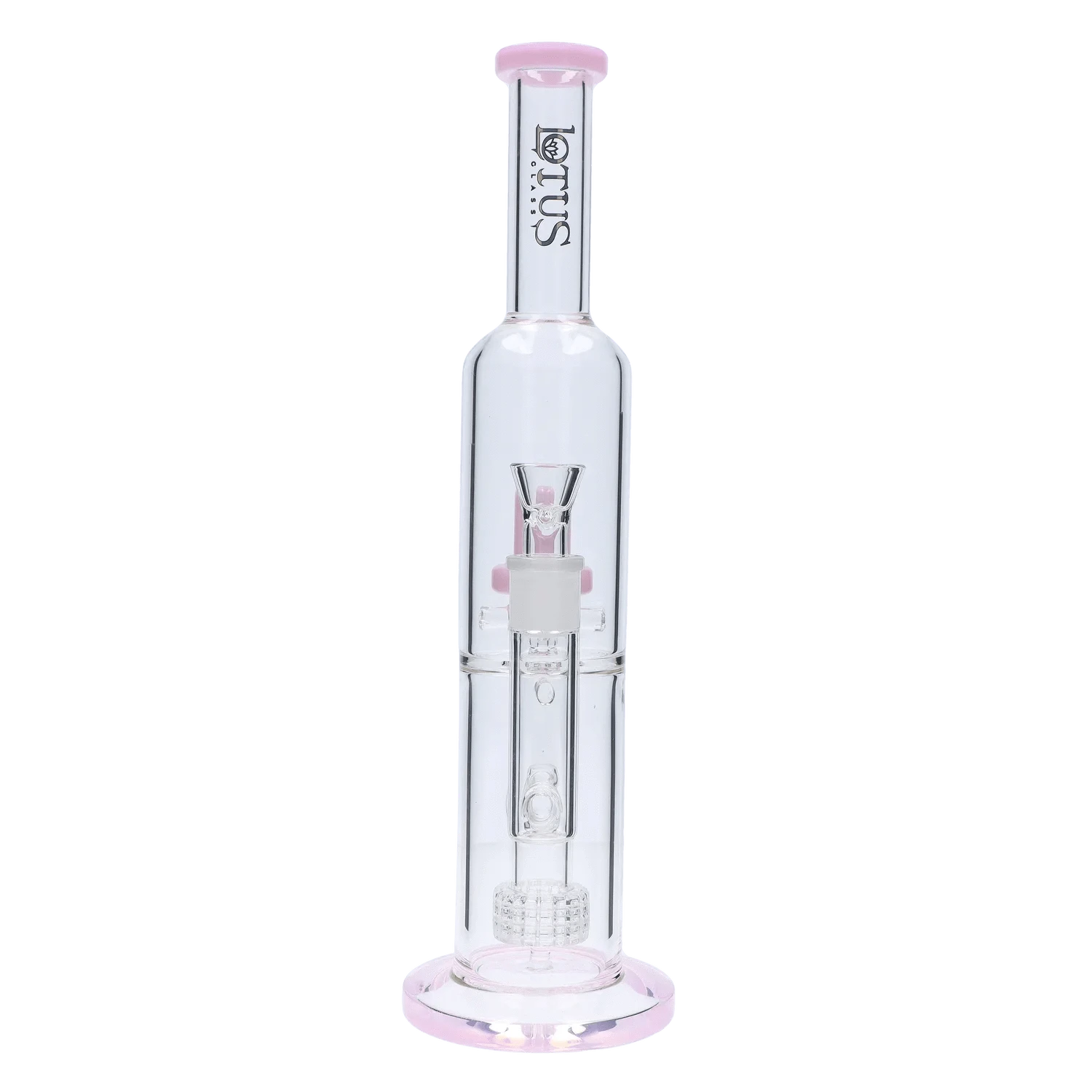 Centered front view of the DHC Dual Perc with Color Accents Bong - 15 in., showing its clear glass tube with pink rim and internal dual-perc assembly.