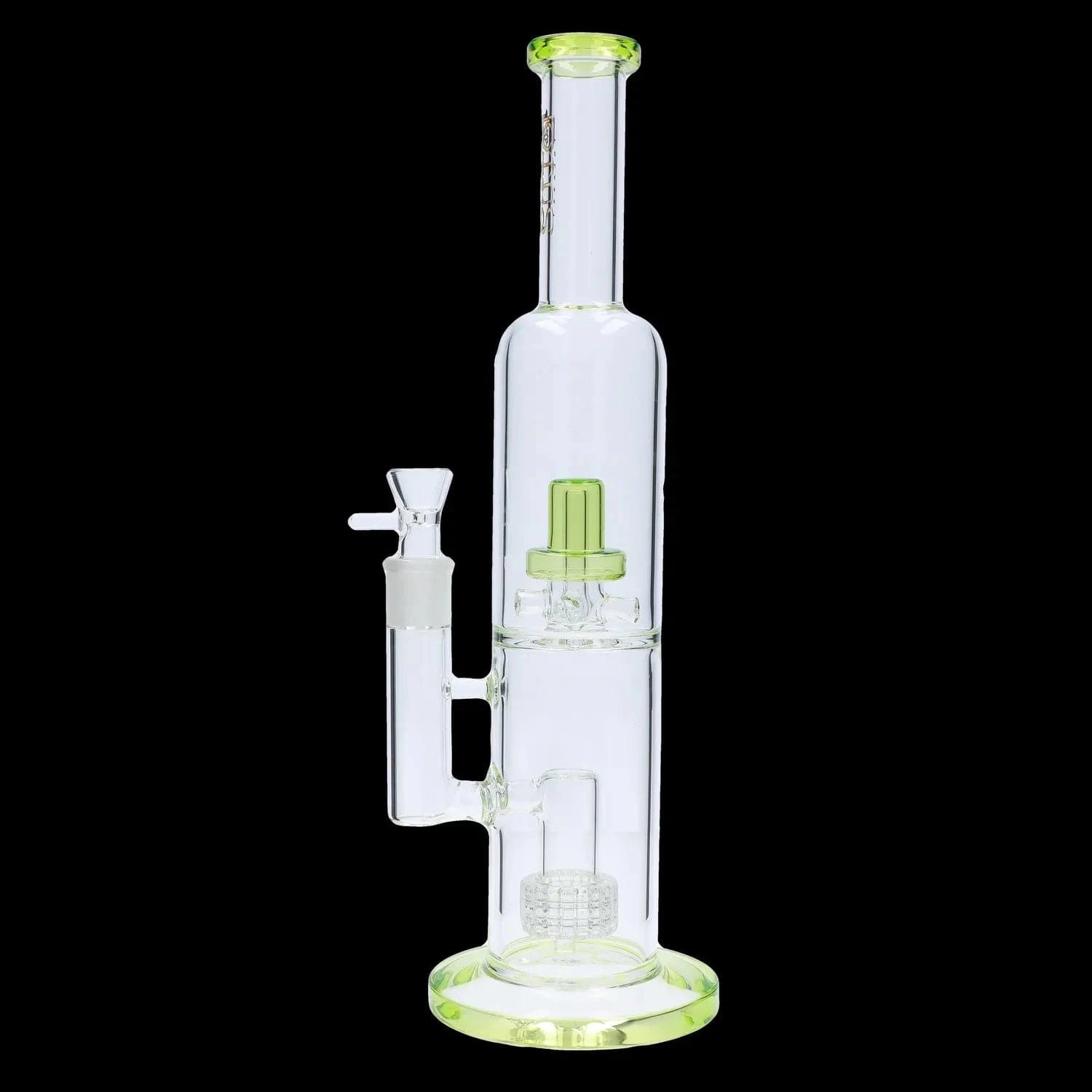 Tall, centered front view of the DHC Dual Perc with Color Accents Bong - 15 in., clear glass with lime-green rim and accent details against a black background