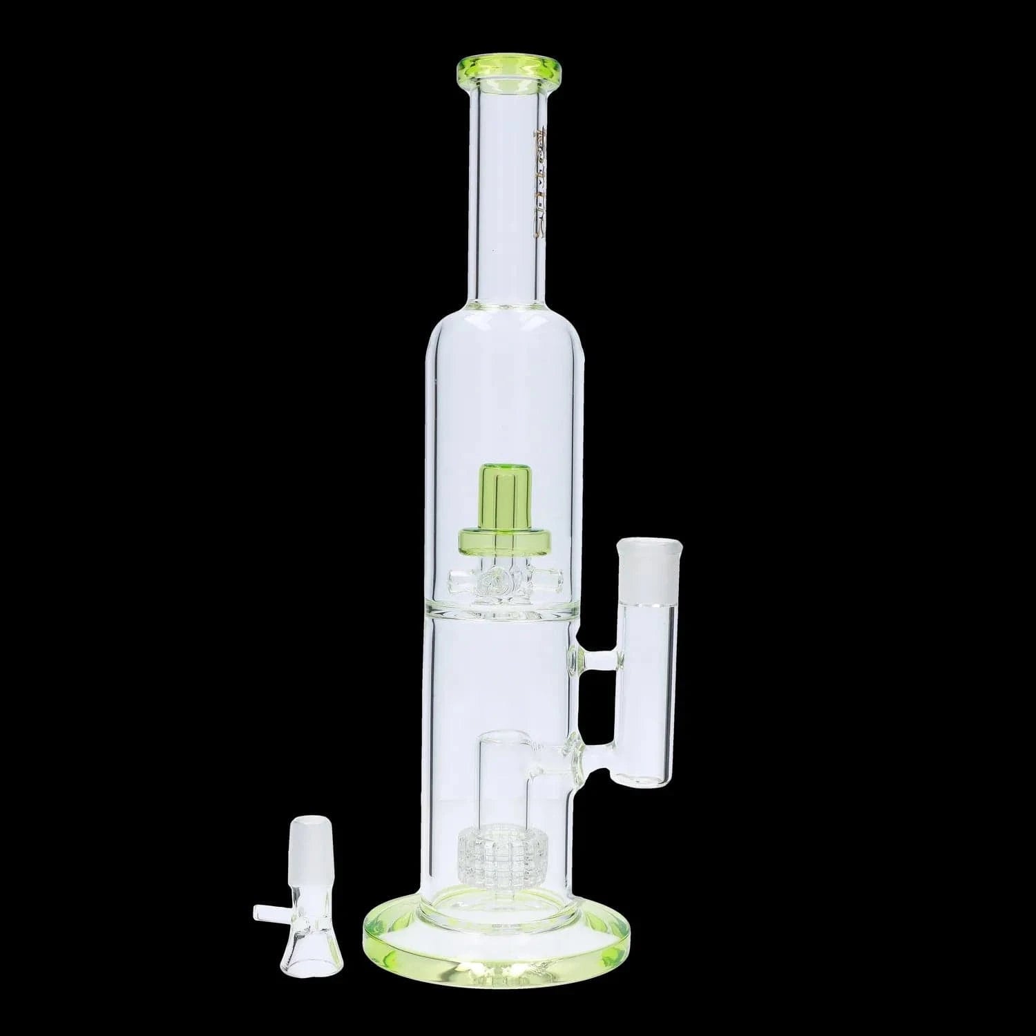 Tall studio-shot of the DHC Dual Perc with Color Accents Bong - 15 in. showing clear glass and lime accent rings against black background
