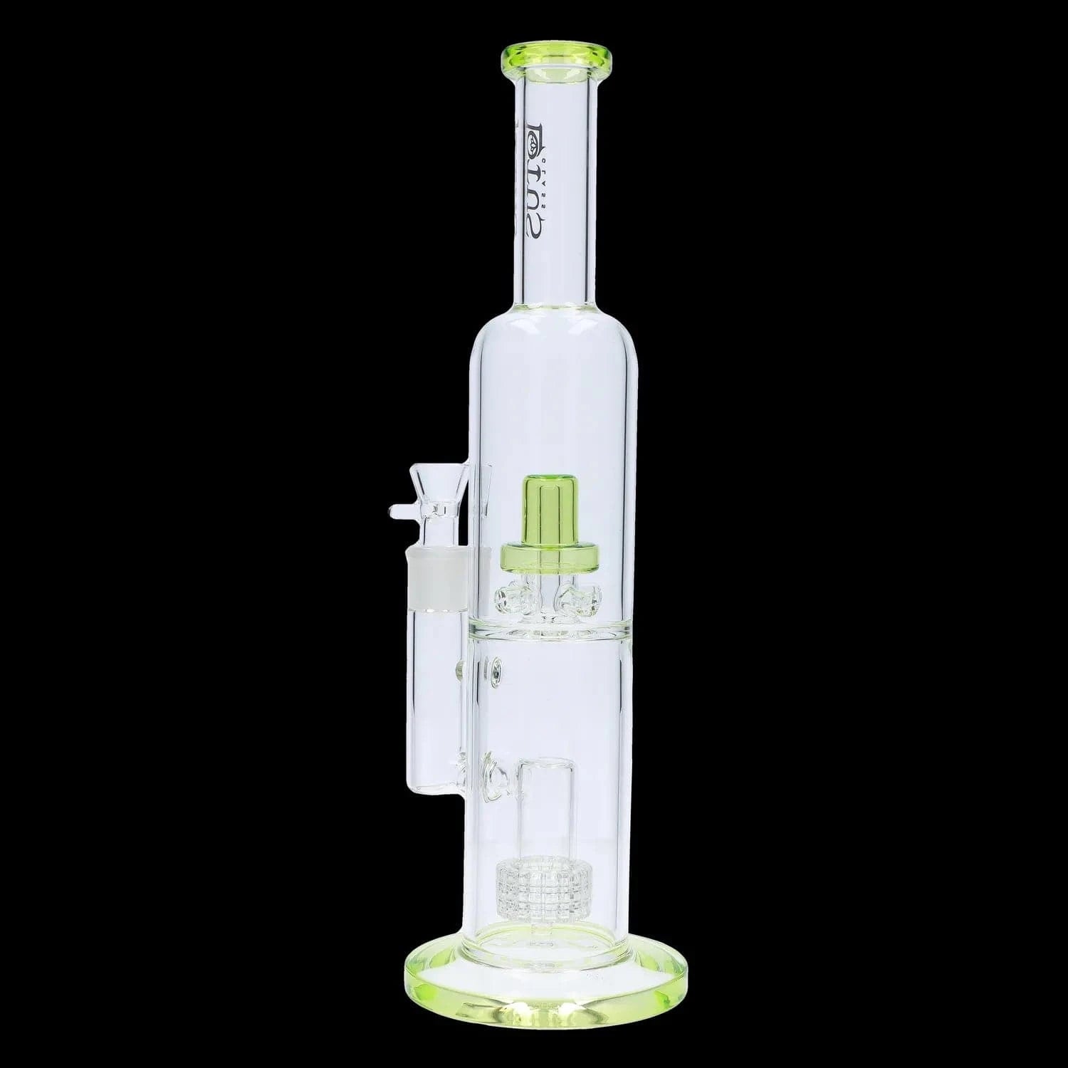 Tall, centered view of the DHC Dual Perc with Color Accents Bong - 15 in., clear glass with lime green accents against a black background