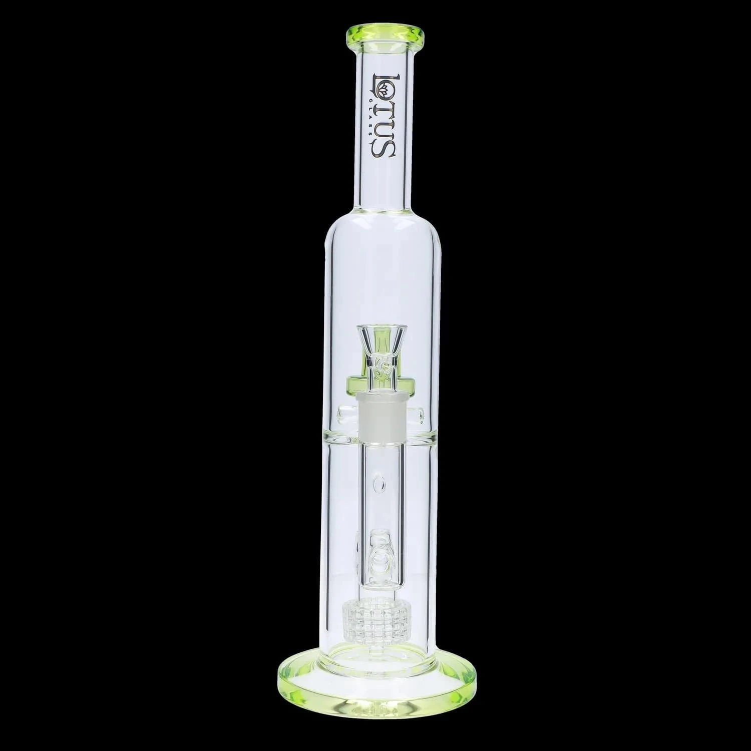 Centered front view of the DHC Dual Perc with Color Accents Bong - 15 in. showing its clear glass tube, lime-green rim and base, and internal percolators against a black background