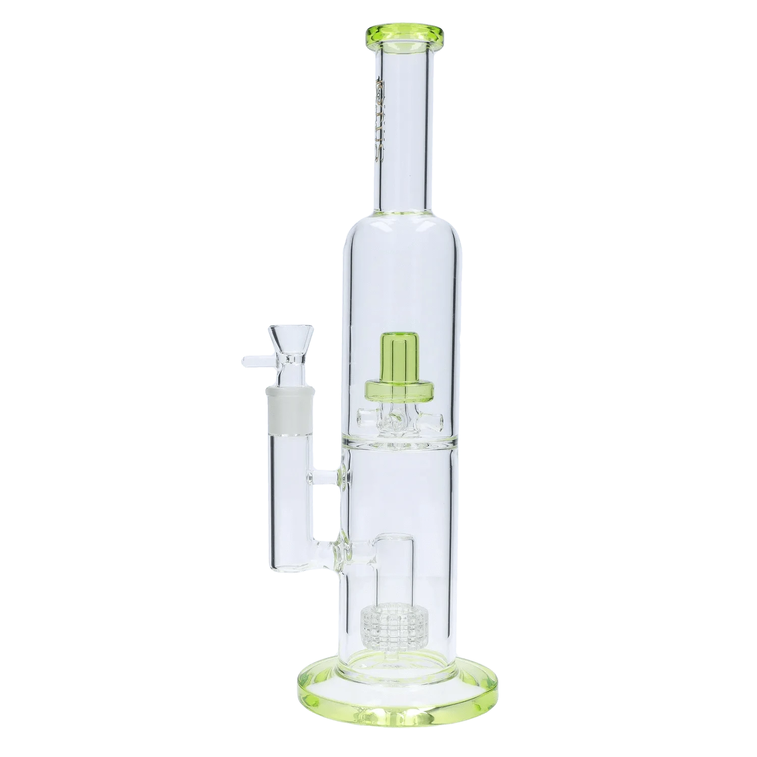Straight-on view of the DHC Dual Perc with Color Accents Bong - 15 in., showing its clear glass body with lime green accents on the mouthpiece, percolator, and base.