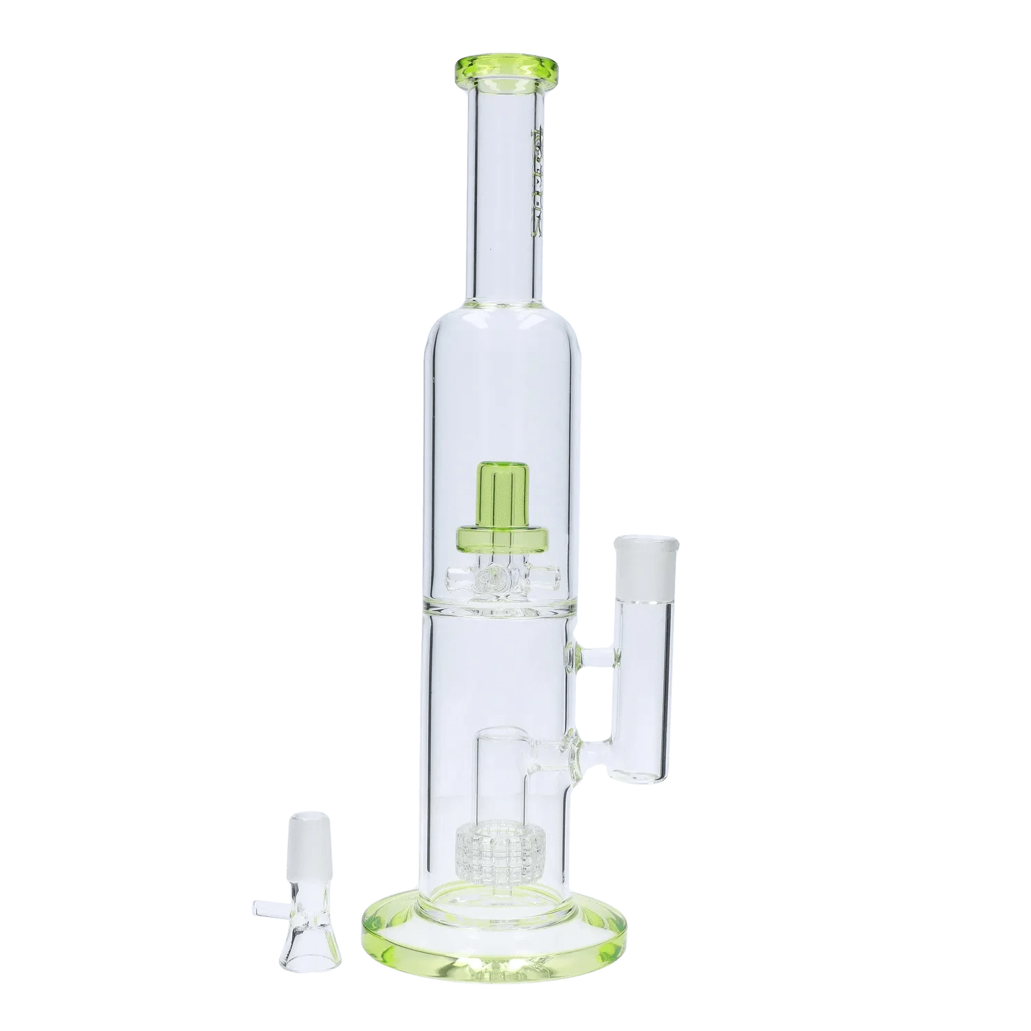 Tall, front-facing DHC Dual Perc with Color Accents Bong - 15 in. photographed against a plain background showing clear glass with lime-green accents and dual percolators.