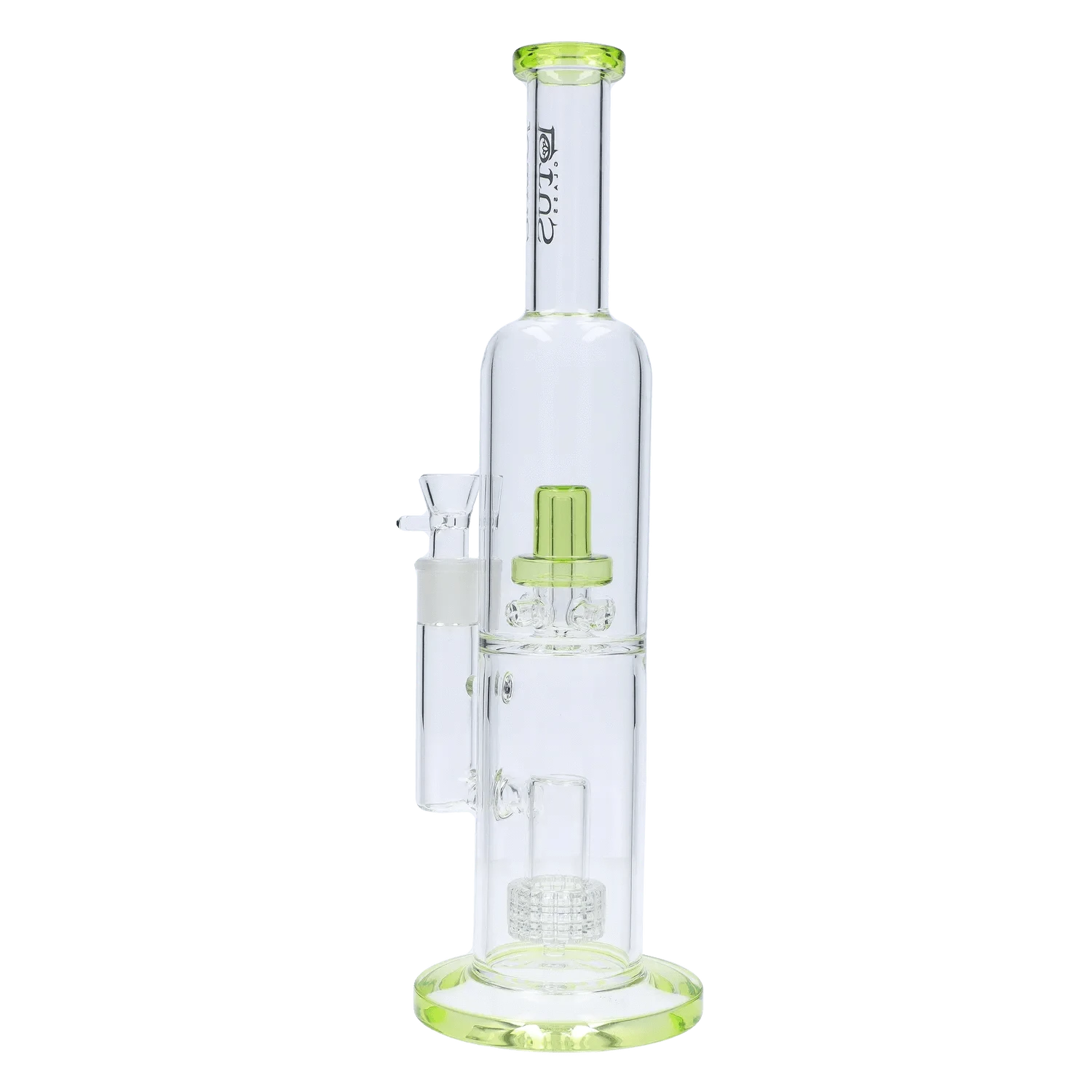 Straight-on view of the DHC Dual Perc with Color Accents Bong - 15 in., showing its clear glass tube with lime-green rim accents and internal percolators.