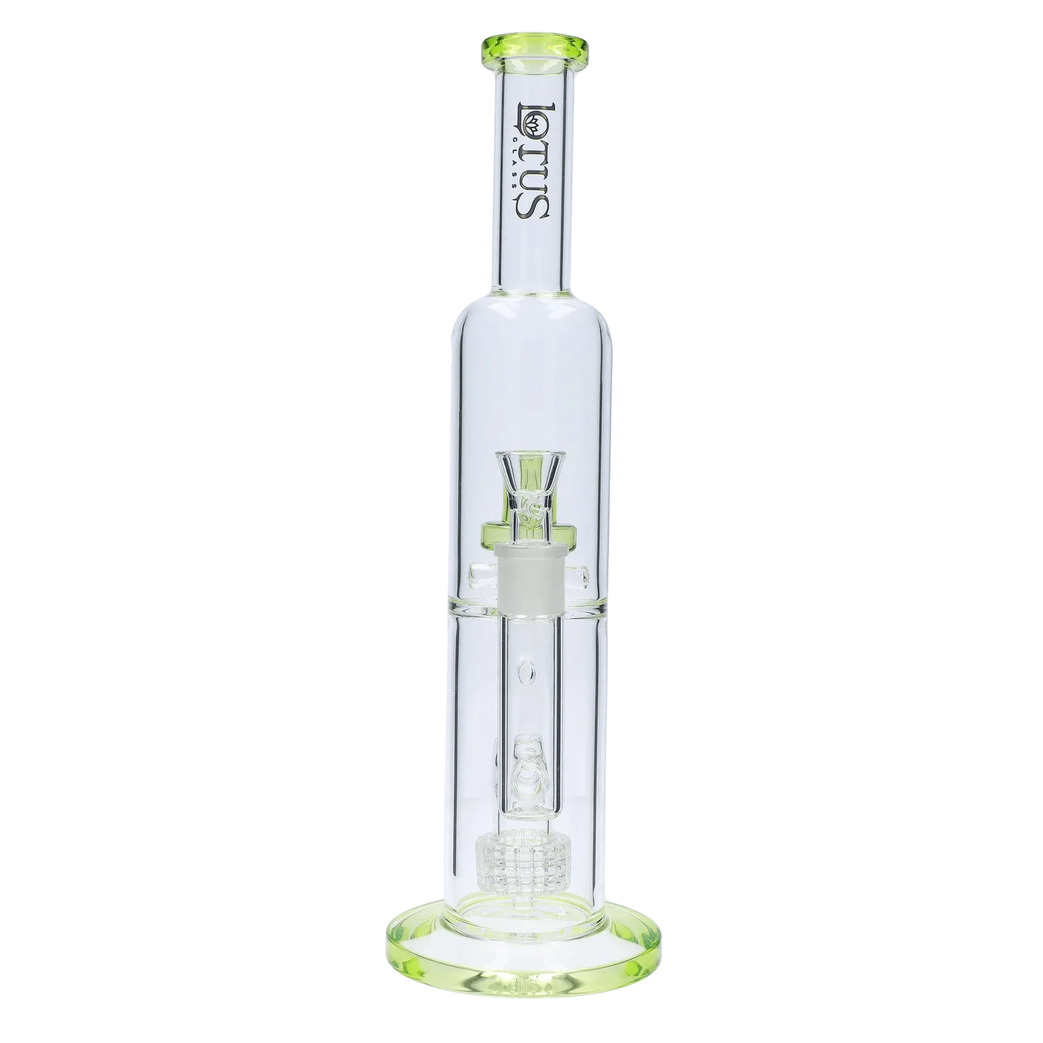 Centered frontal view of the DHC Dual Perc with Color Accents Bong - 15 in., showing its clear glass chamber, lime-green rim and accents, and internal percolator.