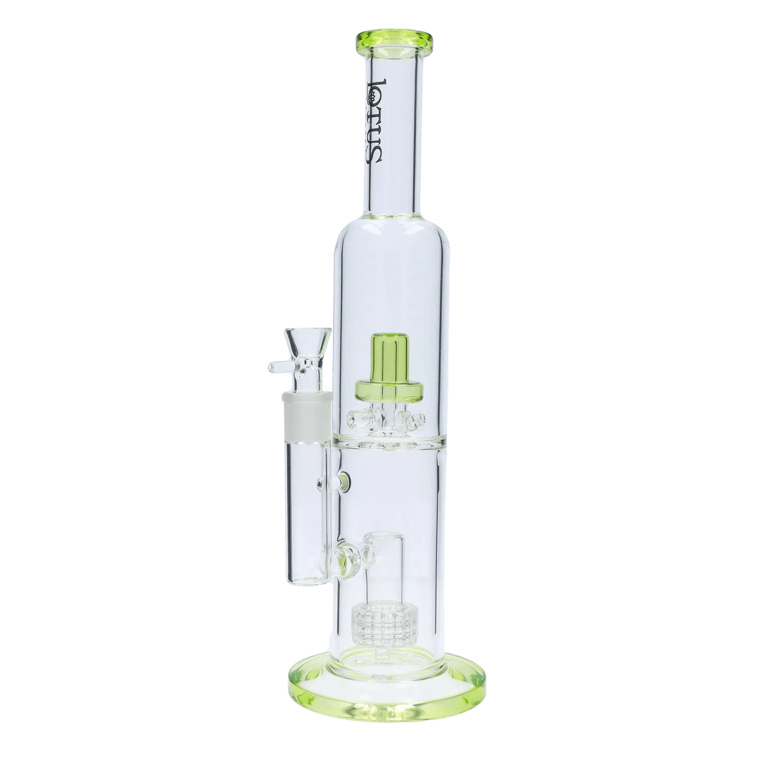 Side view of the DHC Dual Perc with Color Accents Bong - 15 in. showing clear glass construction with lime green rim accents and internal percolators.