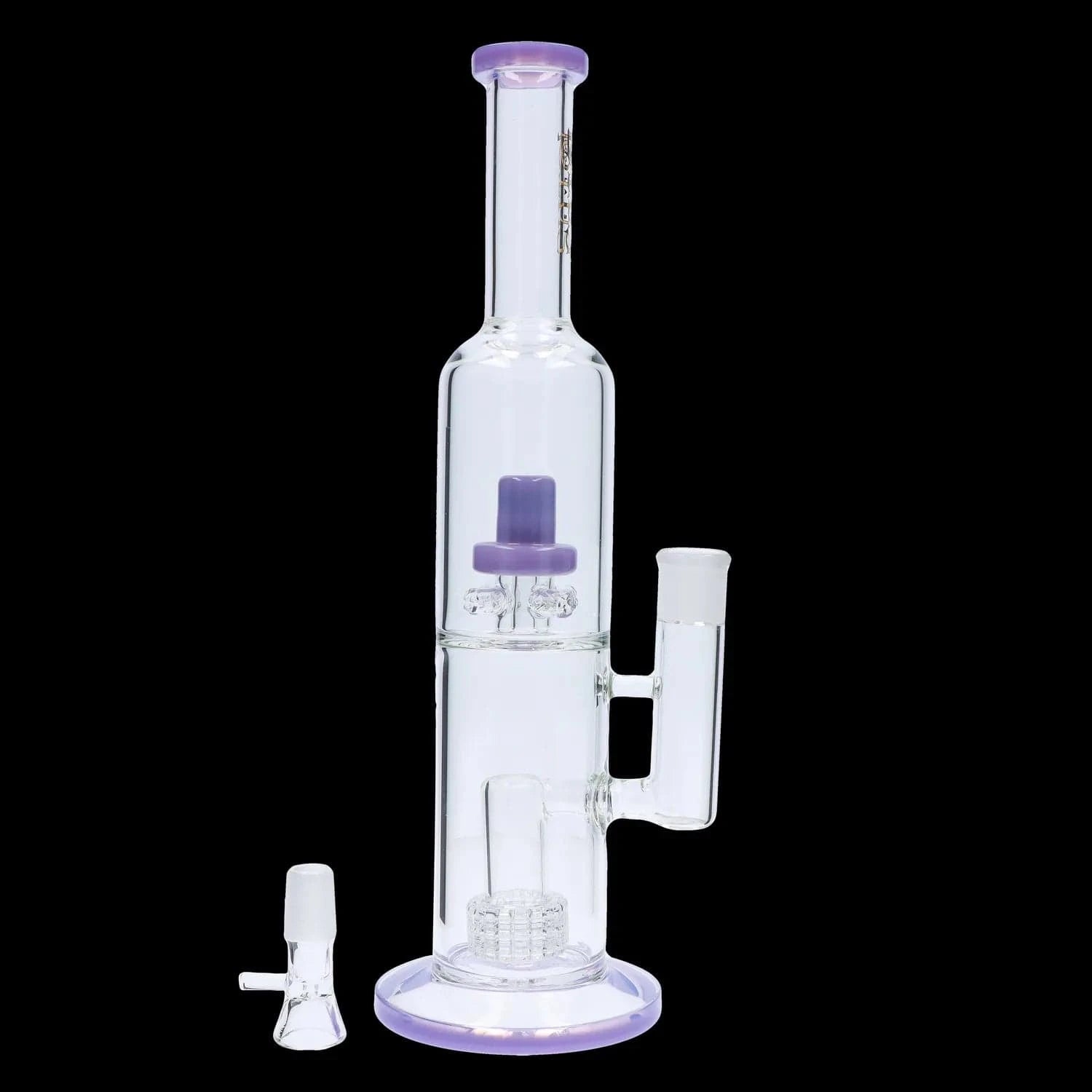 Straight-on view of the DHC Dual Perc with Color Accents Bong - 15 in. showing clear glass chambers with purple accents on the mouthpiece, percolator, and base against a black background