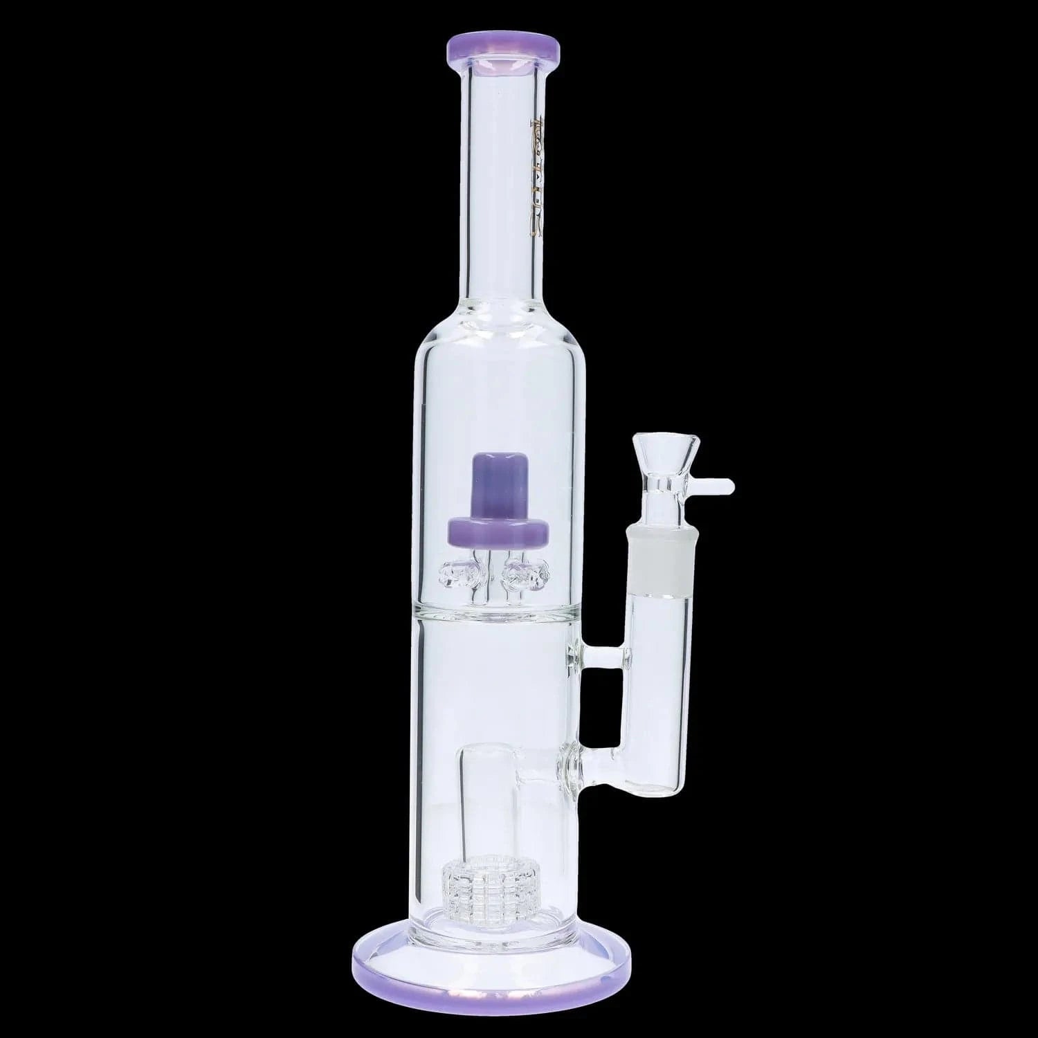 Vertical front view of the DHC Dual Perc with Color Accents Bong - 15 in., centered clear glass with purple rim and internal percs.