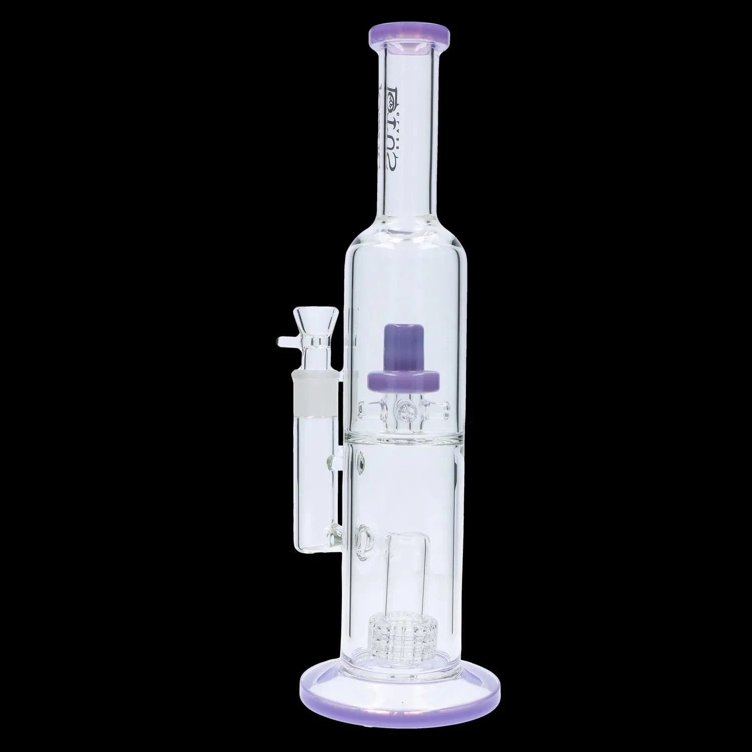 Vertical close-up of the DHC Dual Perc with Color Accents Bong - 15 in., showing its clear glass body and purple-accented mouthpiece and base against a black background