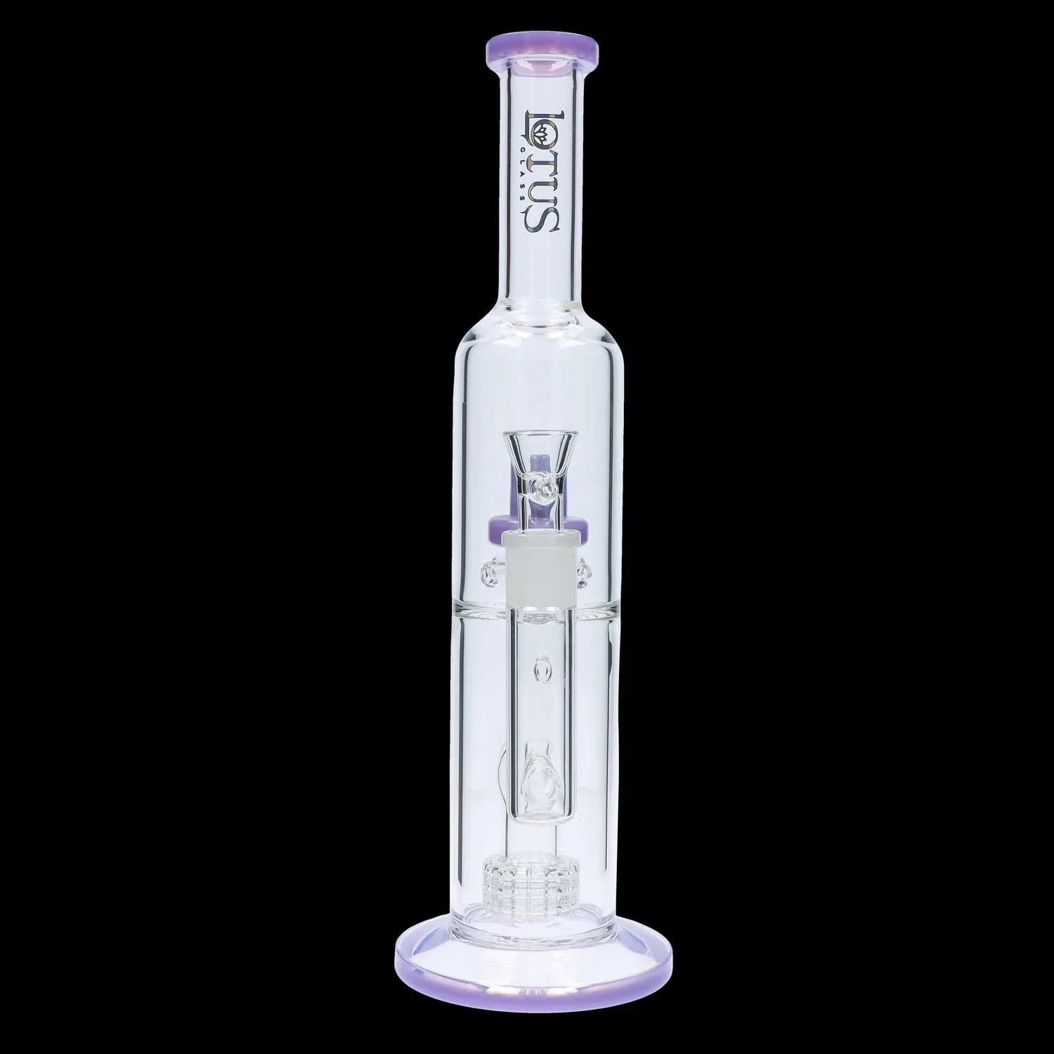 Centered front view of the DHC Dual Perc with Color Accents Bong - 15 in., showing clear glass percolators and pale purple rim accents against a black background