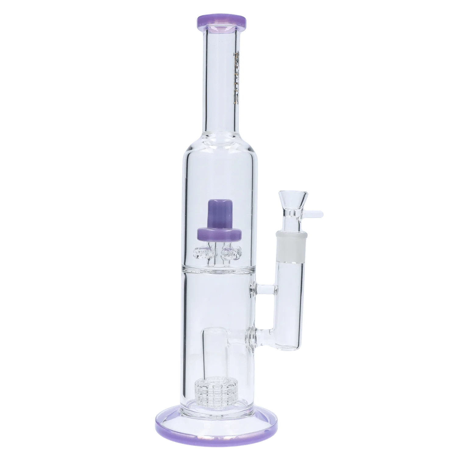 Vertical studio shot of the DHC Dual Perc with Color Accents Bong - 15 in., showing clear glass chambers, dual percs and purple rim and accent pieces.