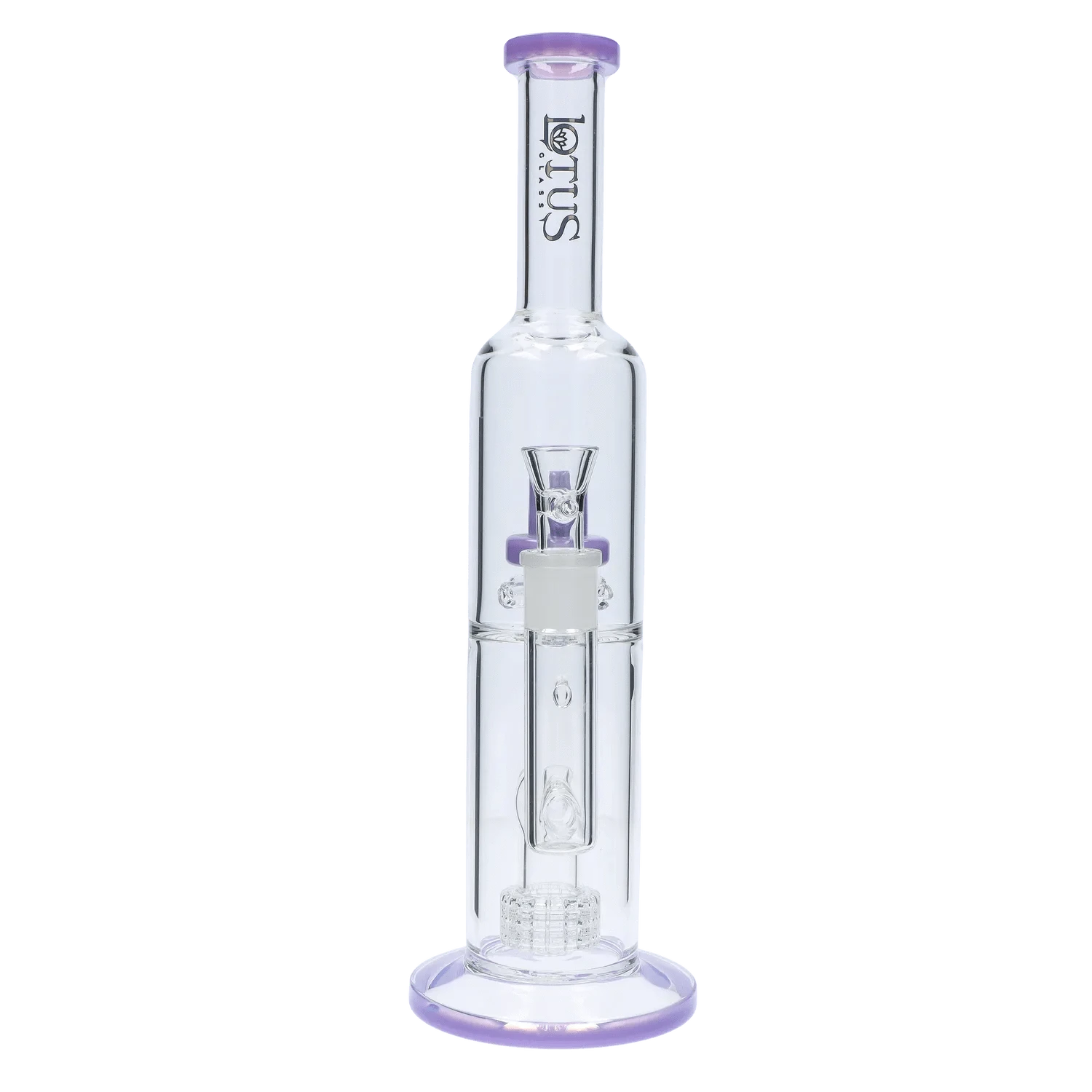 Straight-on view of the DHC Dual Perc with Color Accents Bong - 15 in., showing its clear glass tube with purple rim accents and internal percolators.